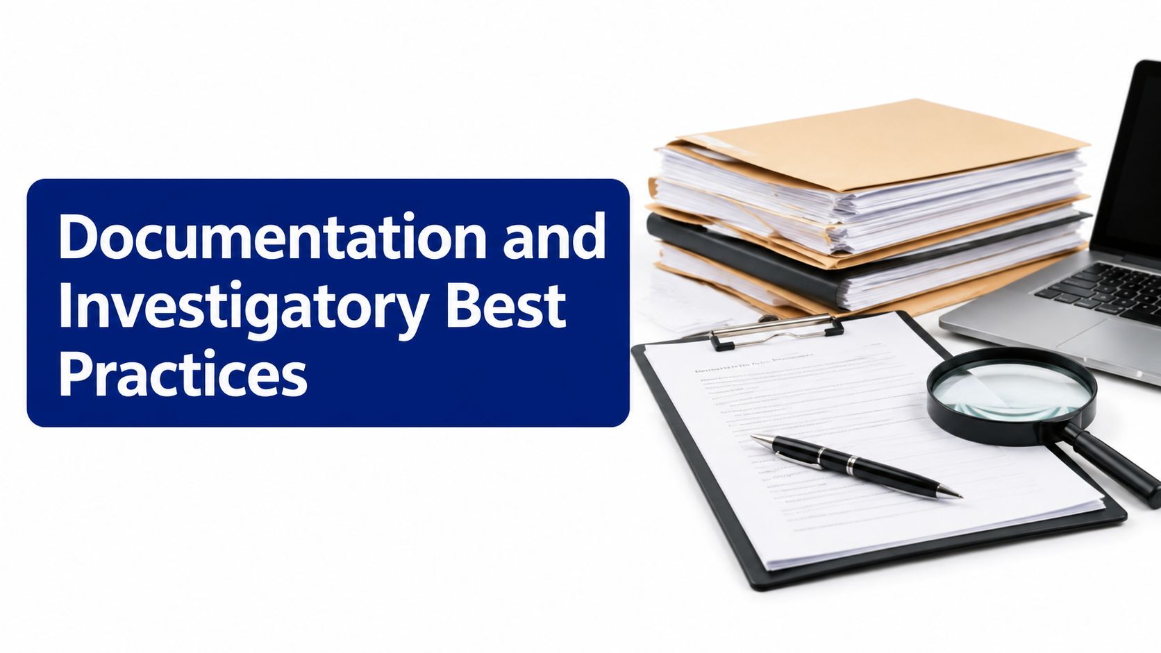 A stack of files, a laptop, a pen, and a magnifying glass on a white desk workspace.