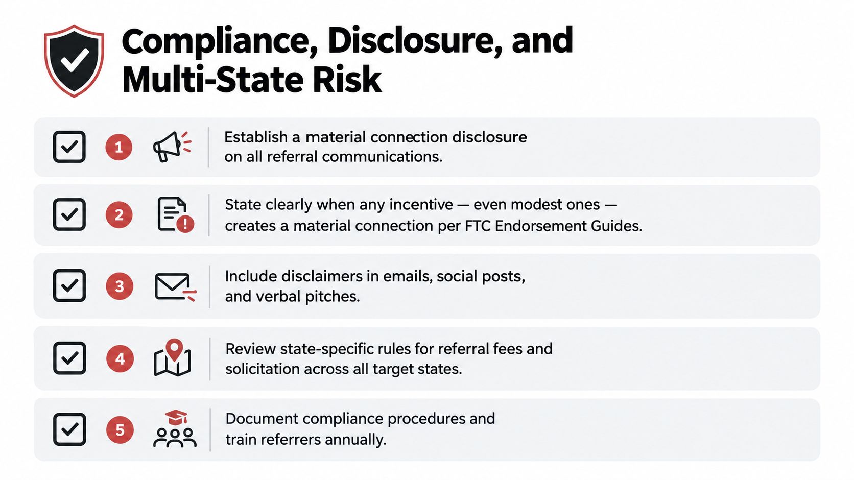 A checklist infographic outlining five essential steps for ensuring compliance, disclosure, and managing risks in referral programs.