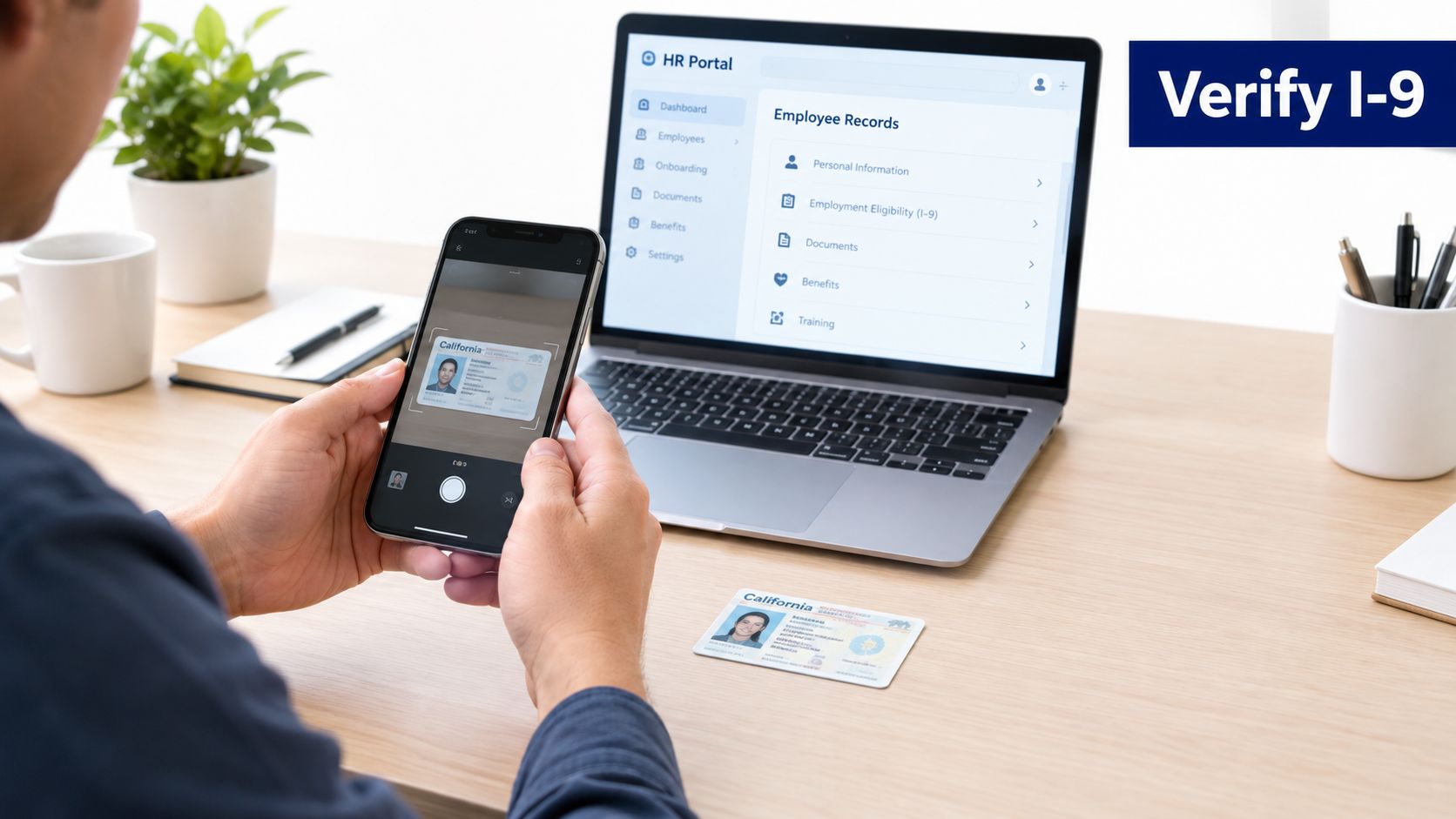 A person using a smartphone to scan a California ID card while accessing an HR portal on a laptop.