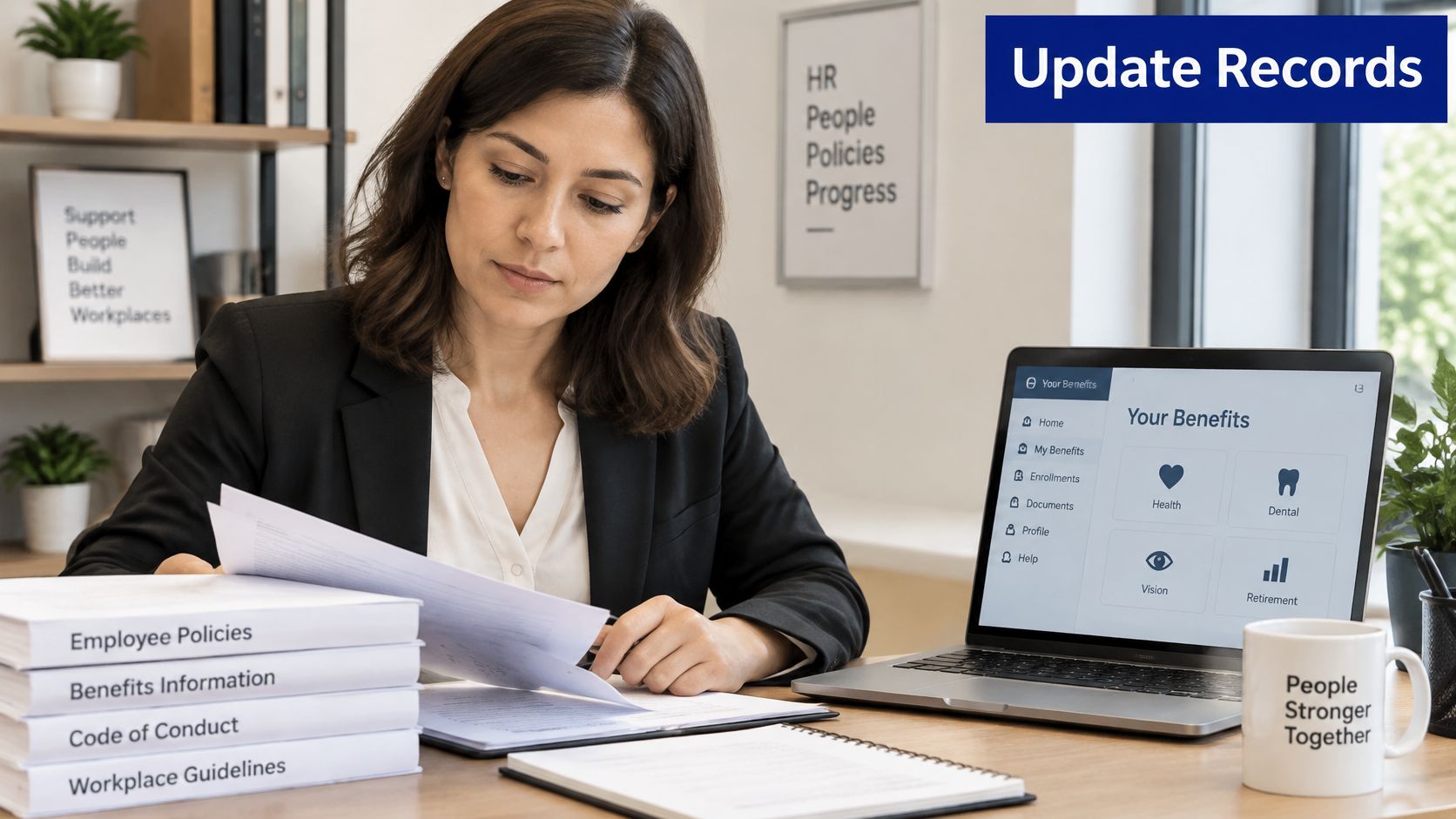 A human resources professional reviewing employee records at a desk with a laptop and organized policy binders.