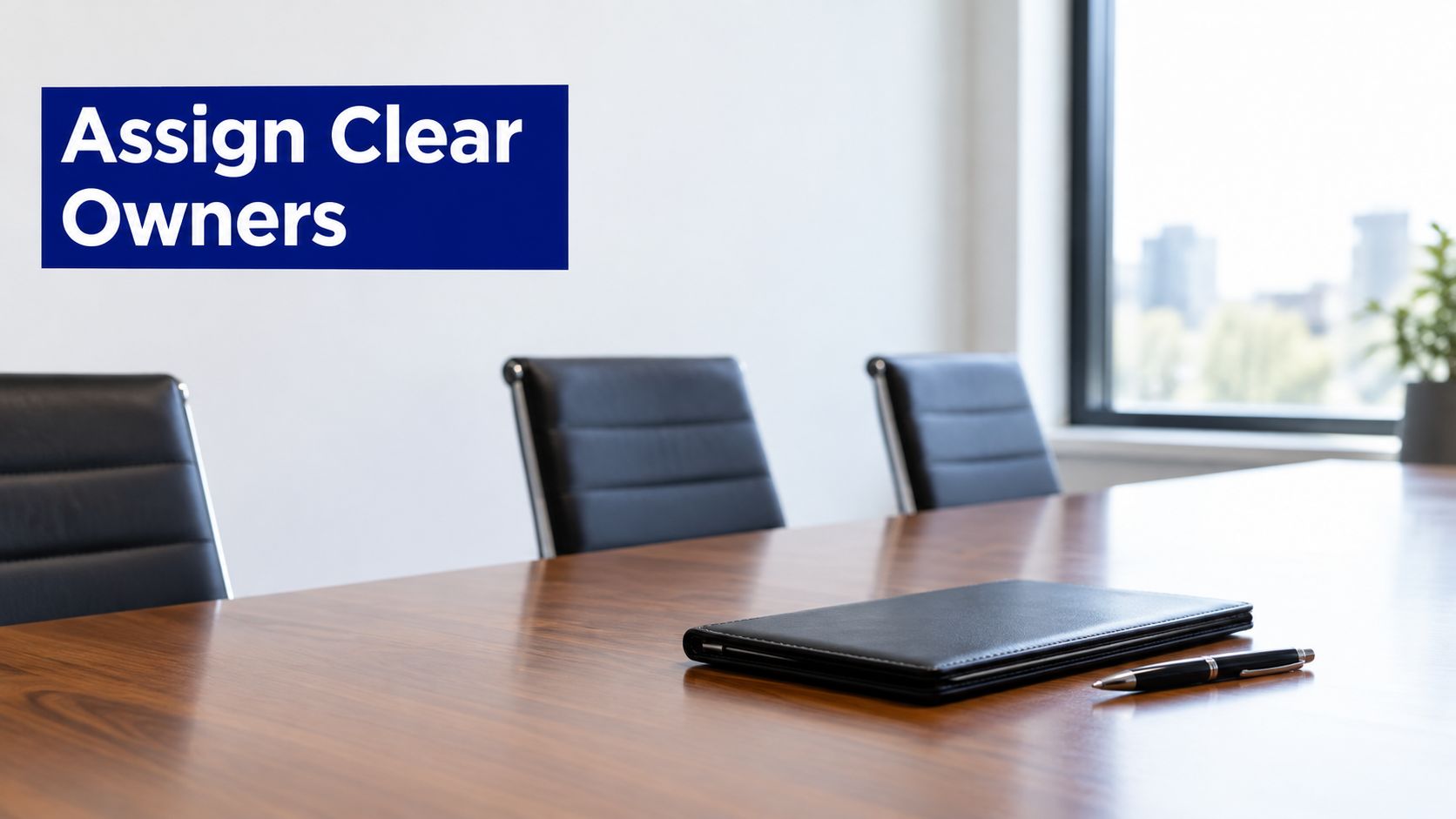 An empty wooden conference table with a notepad, pen, and office chairs in a modern boardroom.