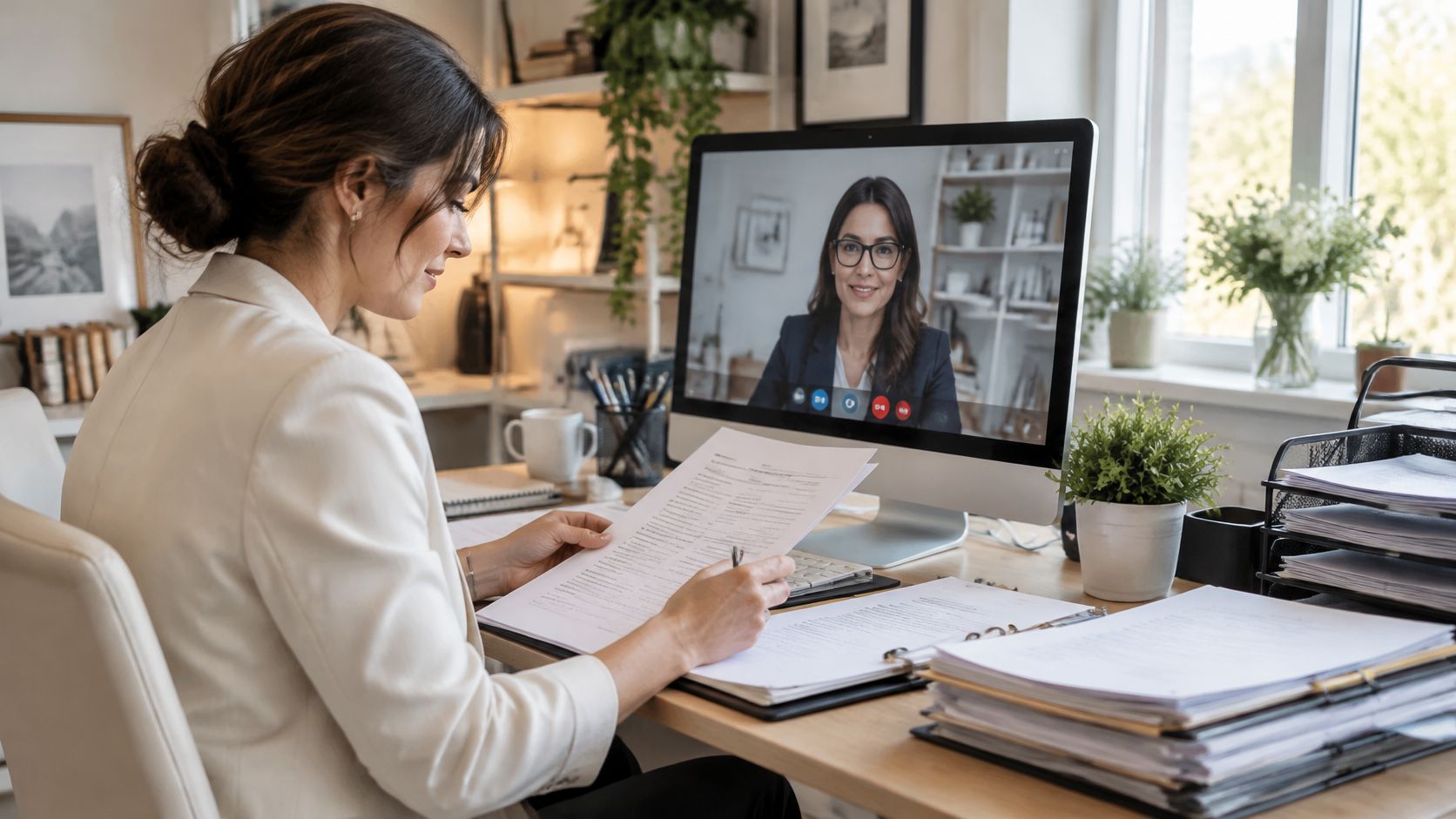 A professional woman in a white blazer reviewing legal documents during a virtual video call at home.