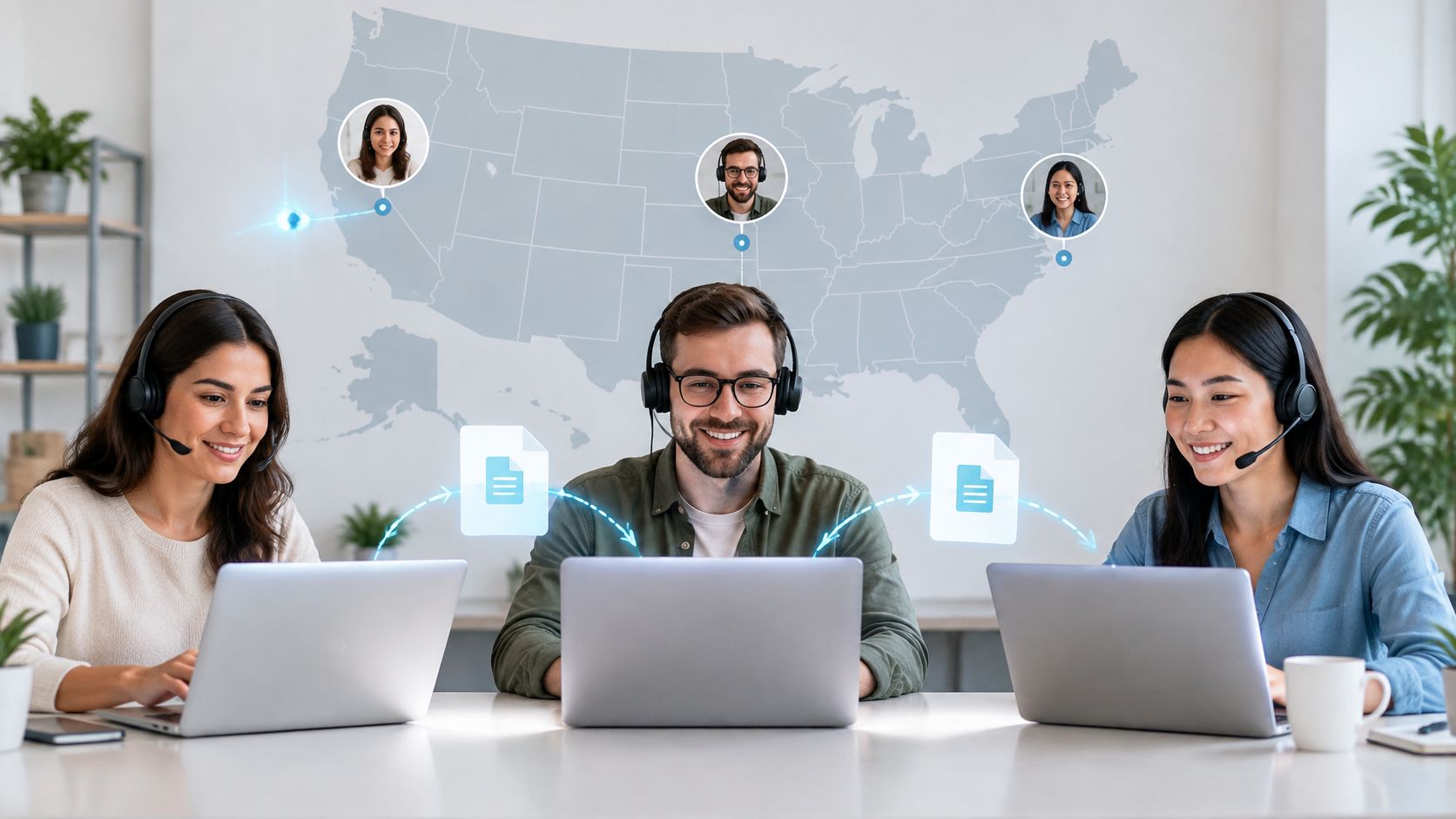 A team of virtual legal assistants working together on laptops with a digital map of the USA.