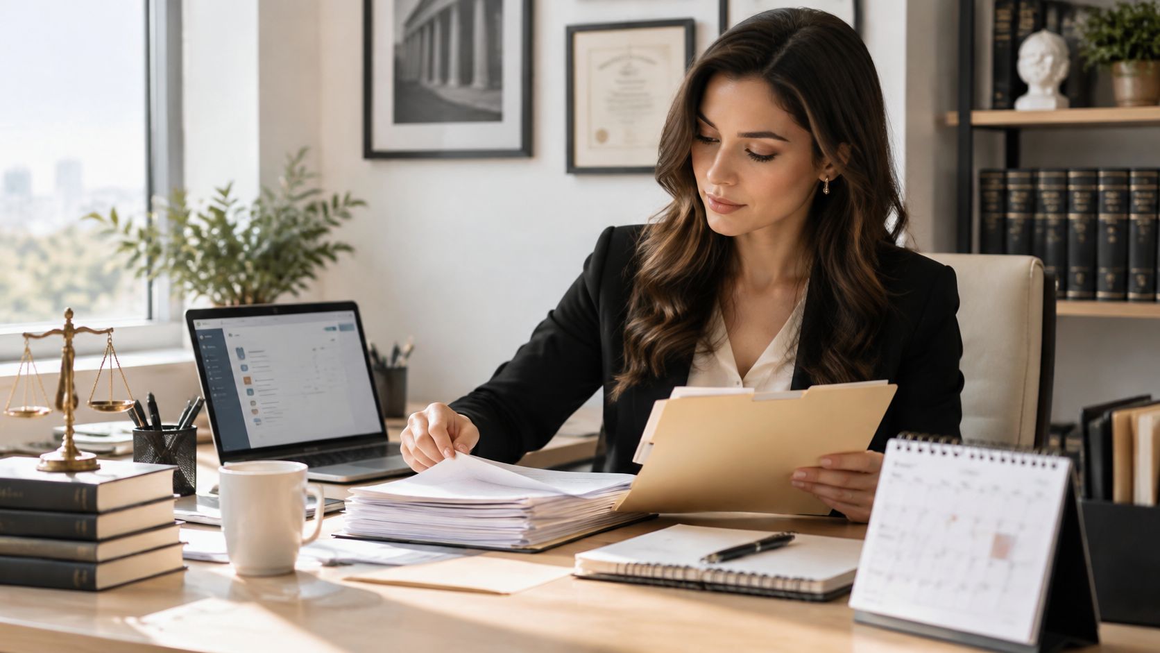A professional female attorney reviewing legal documents at her desk in a modern law office.