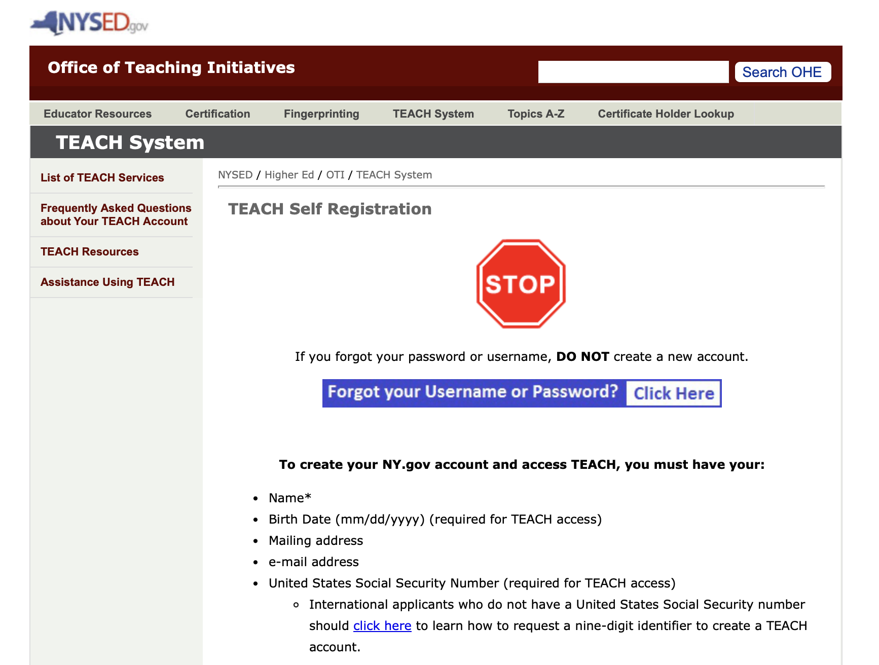 teach self registration screen