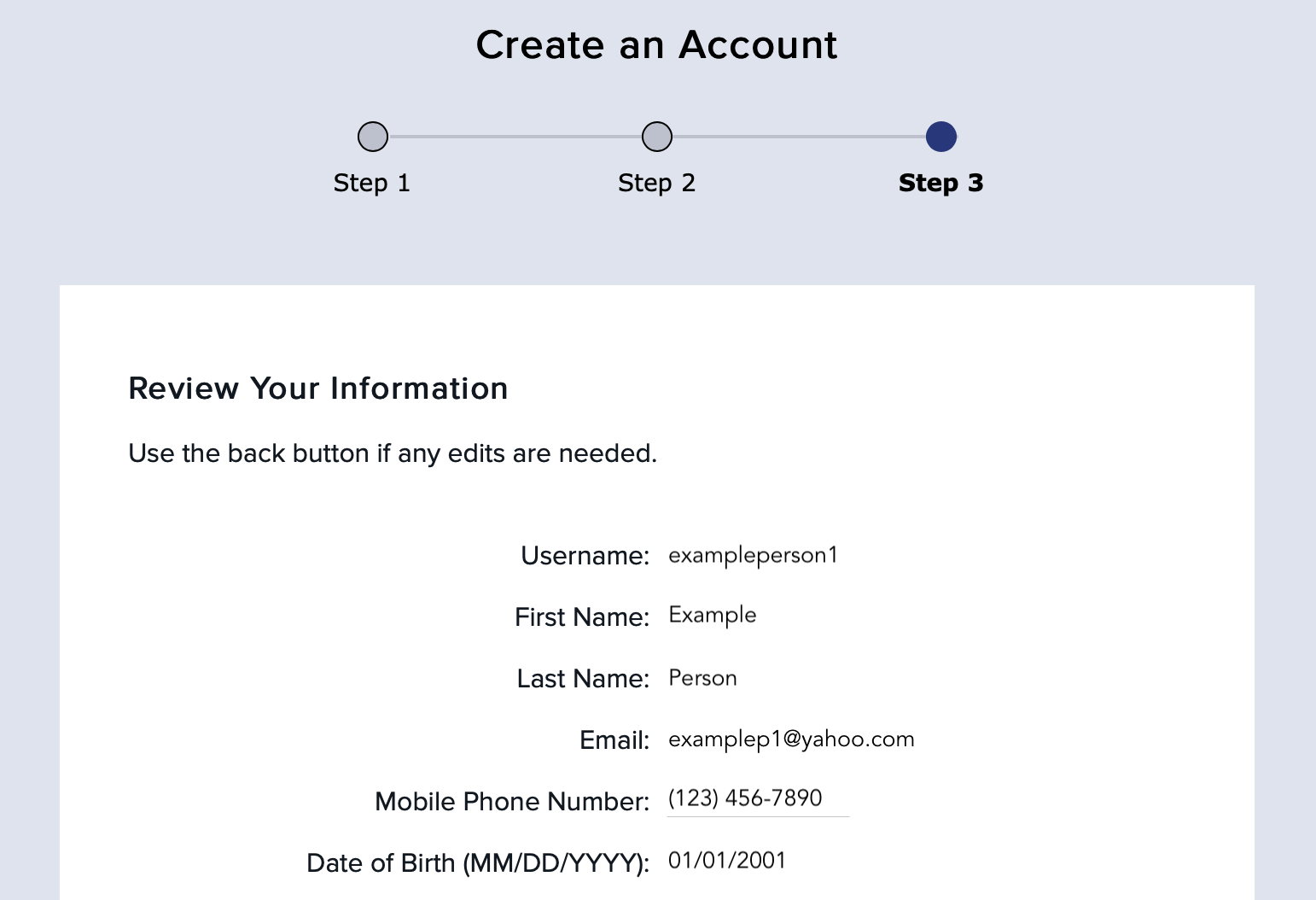 create account screen