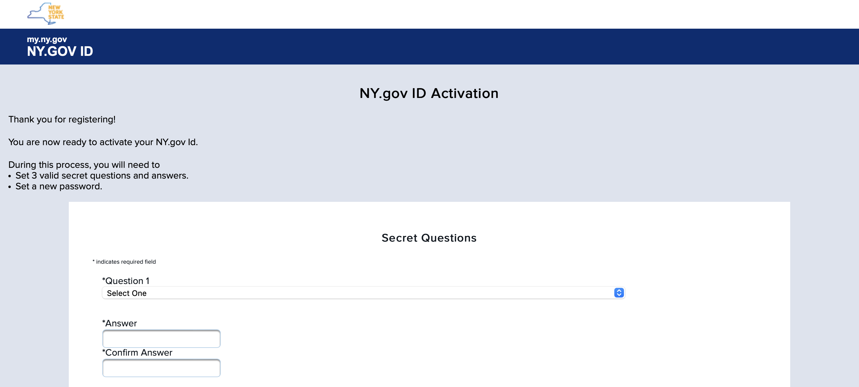 secret questions screen