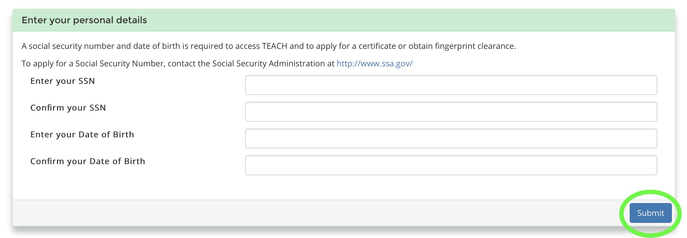 teach personal details screen
