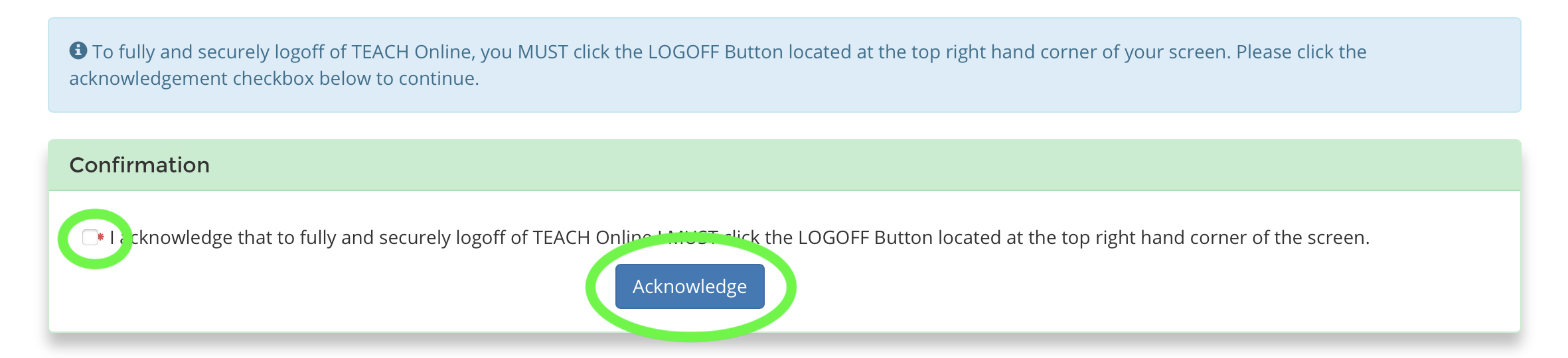 teach log off acknowledgment screen