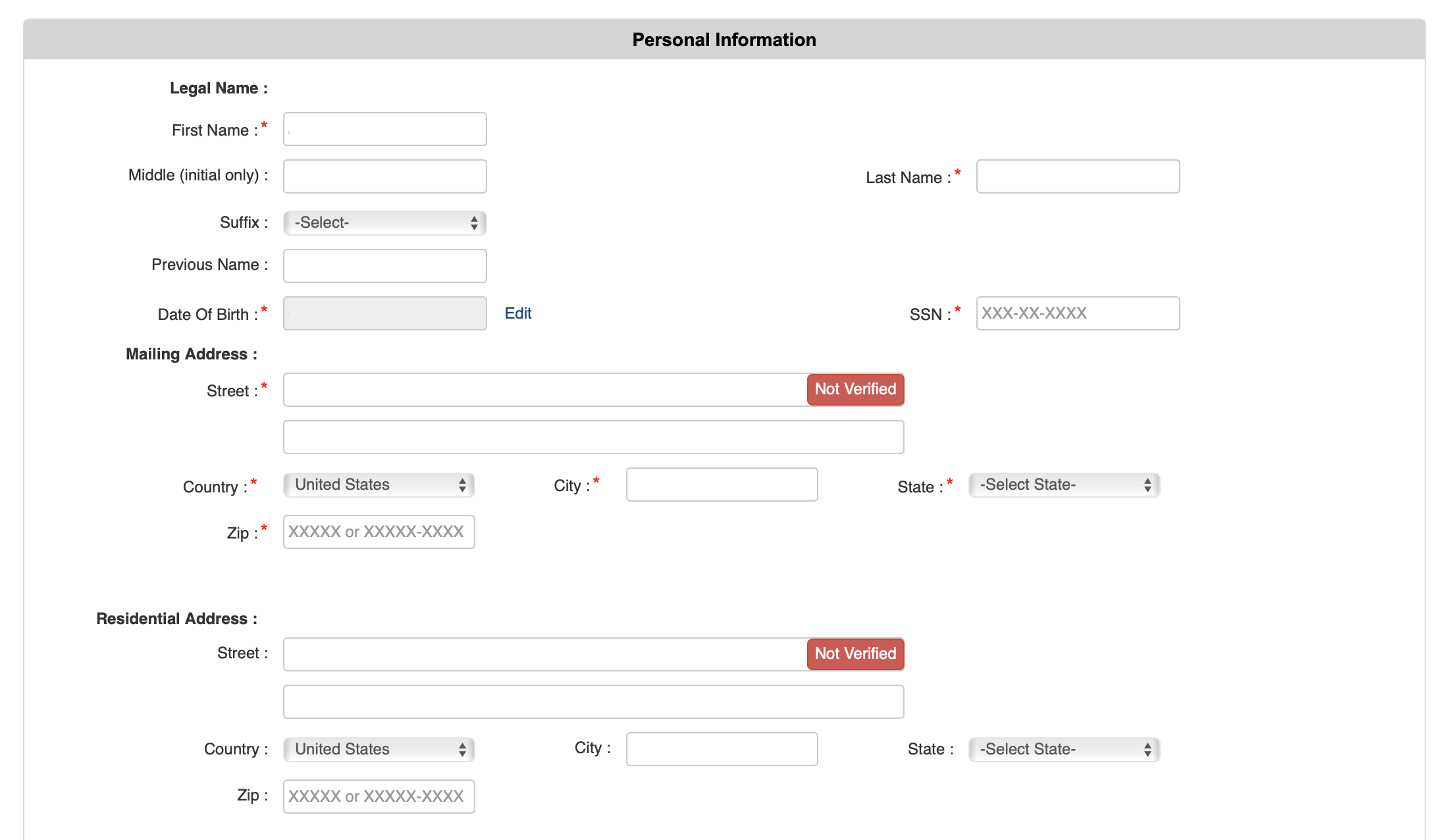 Personal information screen