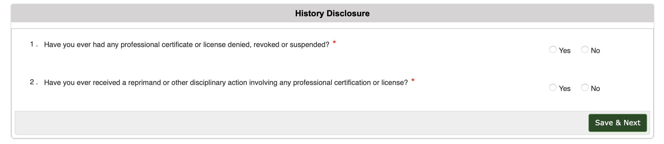 history disclosure screen