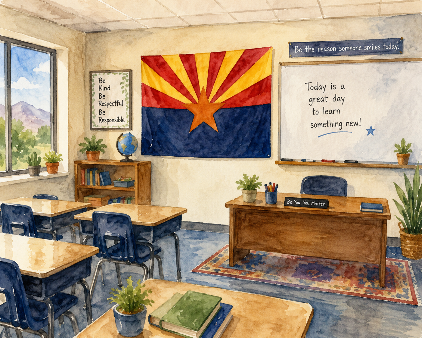 An Arizona classroom in watercolor; made with ChatGPT