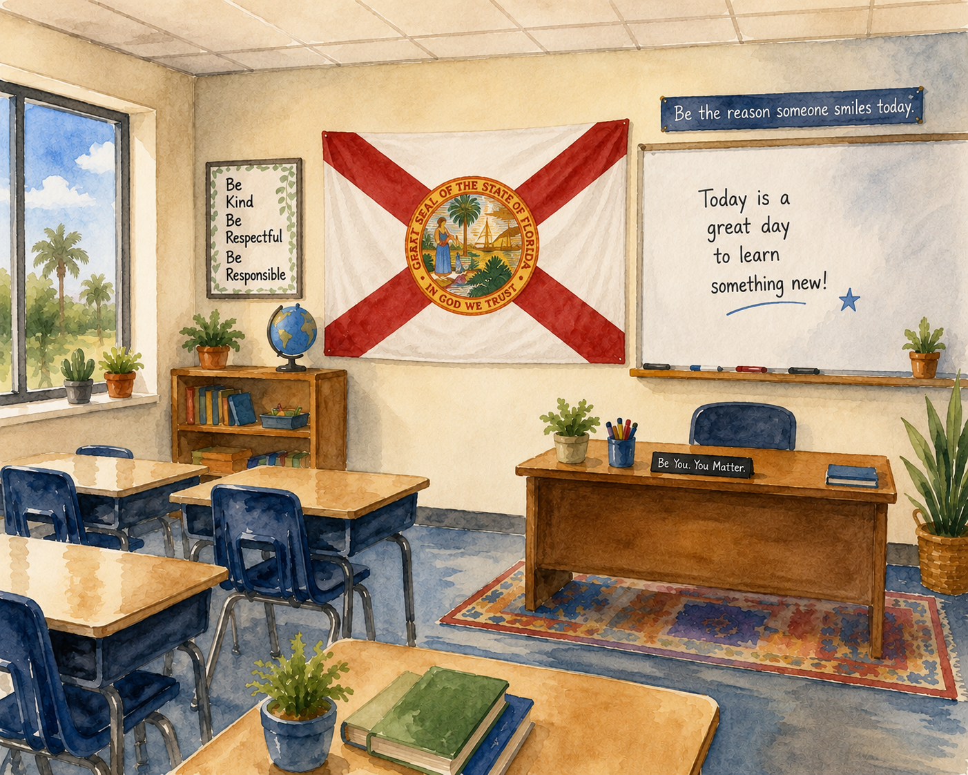 A Florida classroom in watercolor; photo created with AI