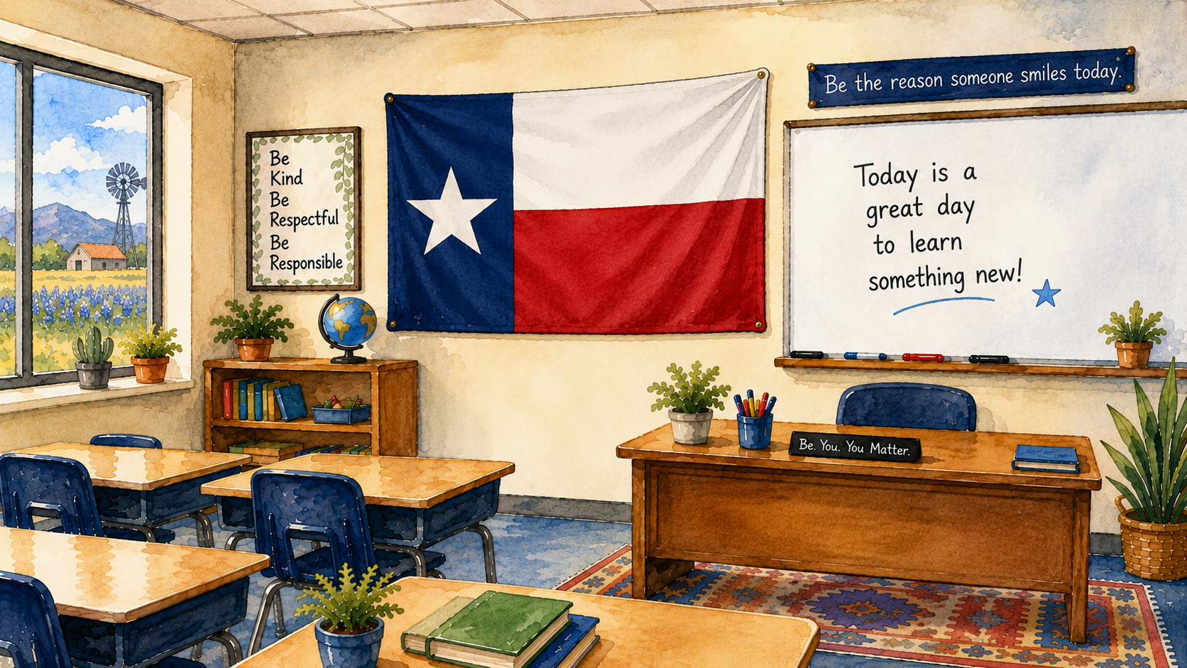a Texas classroom in watercolor; image created with AI