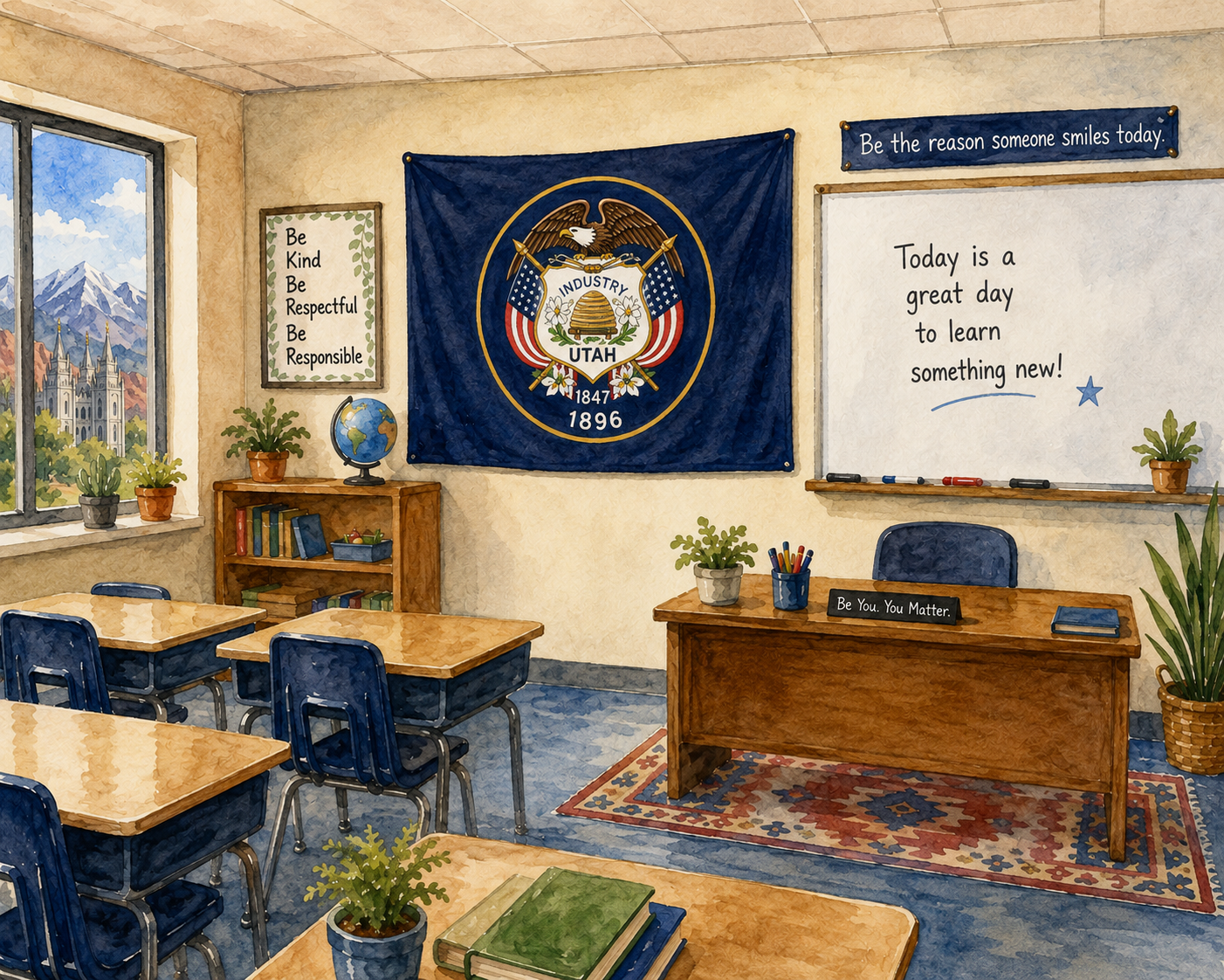 a Utah classroom in watercolor; image created with AI