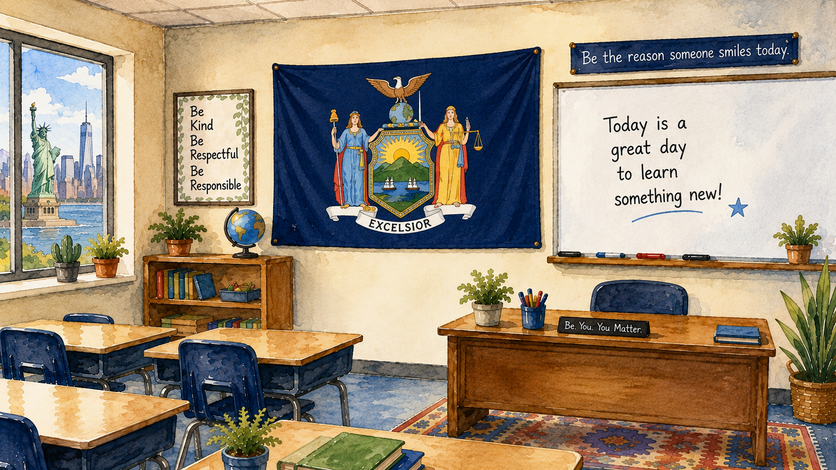 a New York classroom in watercolor; image created by AI