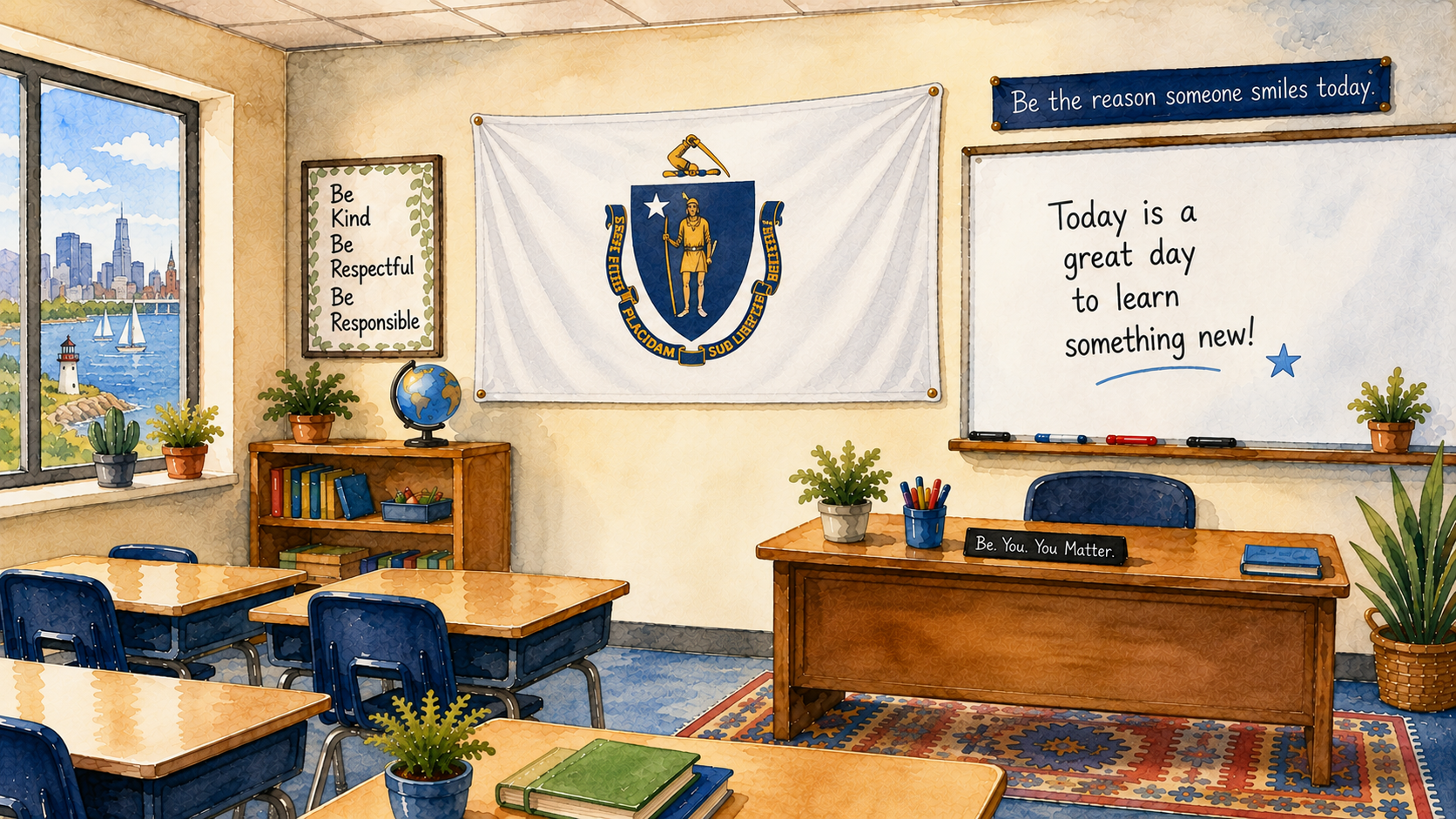 a Massachusetts classroom in watercolor; image created with AI