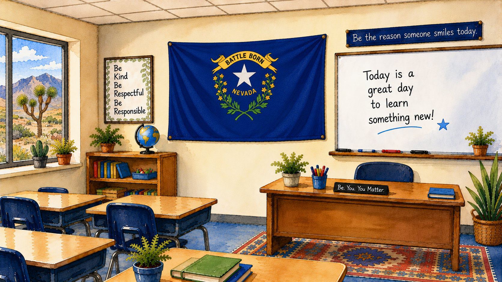 a Nevada classroom in watercolor; image created with AI