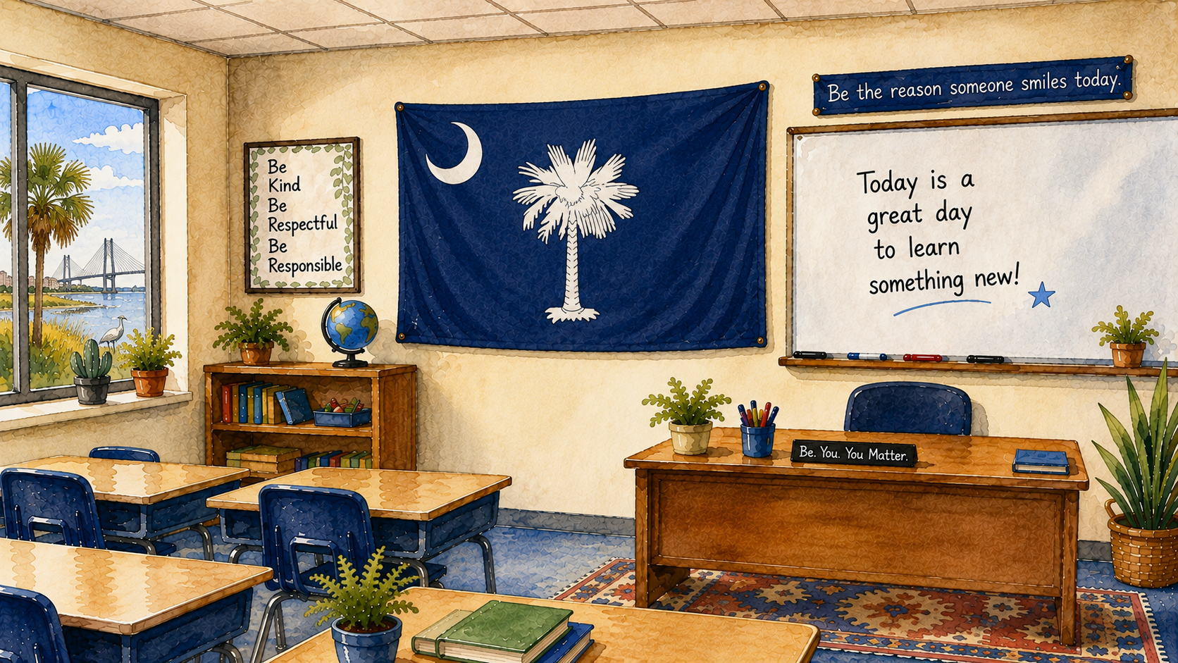 A South Carolina classroom in watercolor; image created by AI