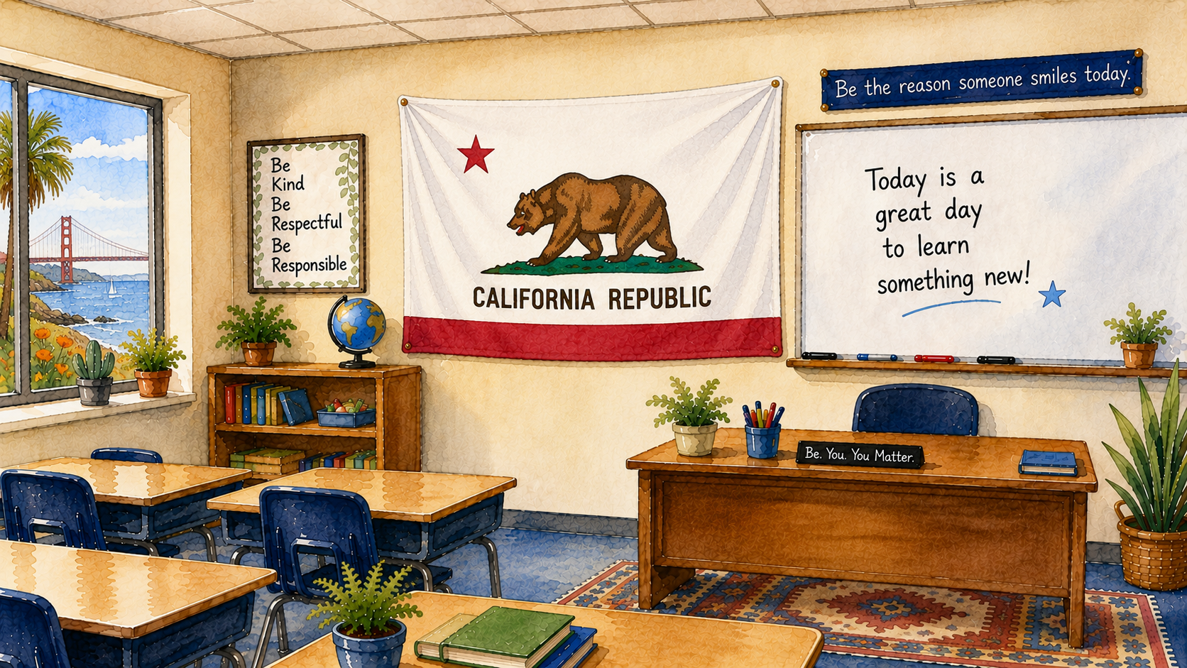 a California classroom in watercolor; image created by AI