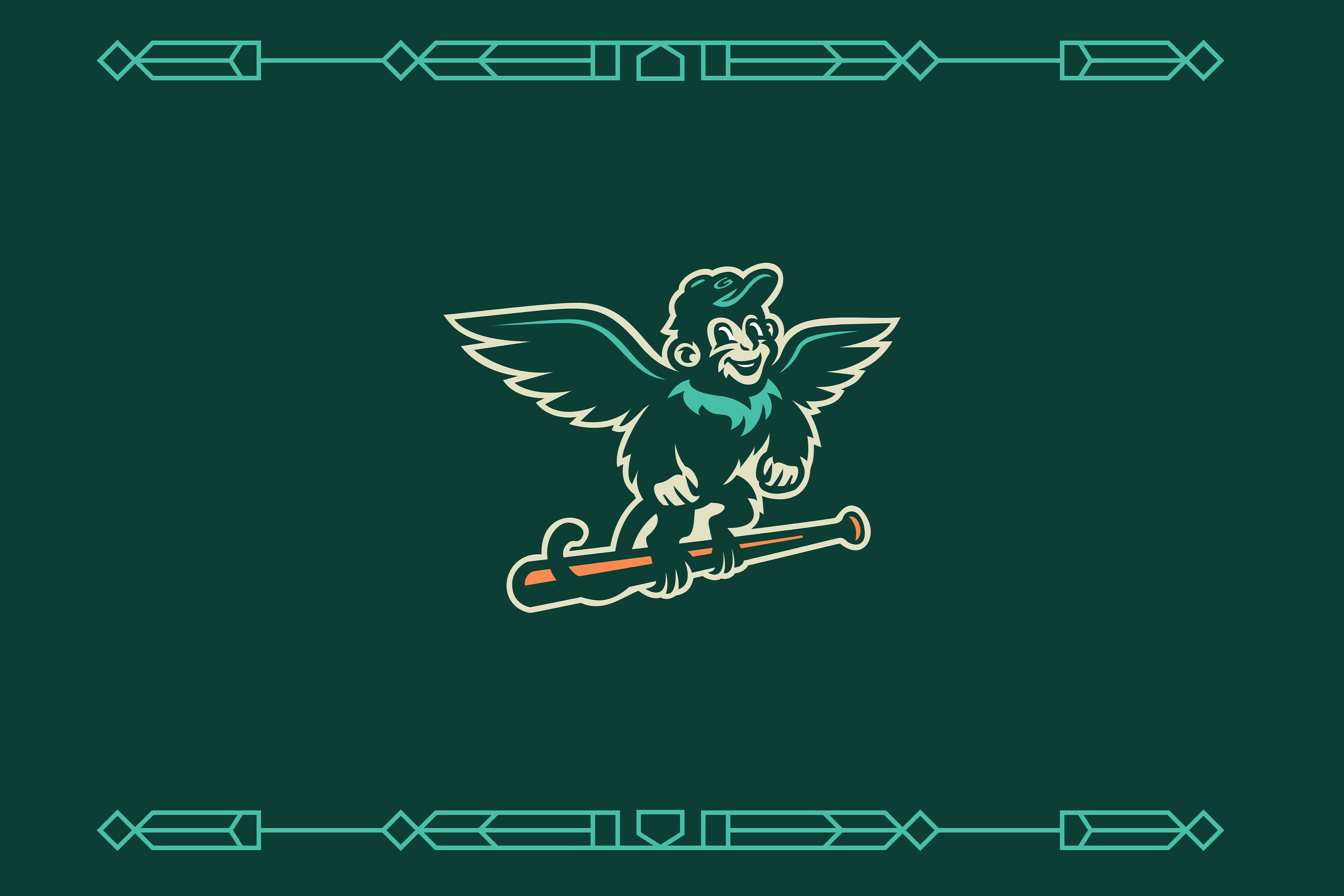 Cartoon-style monkey with wings wearing a cap, holding a baseball bat, set against a dark green background with geometric border designs.
