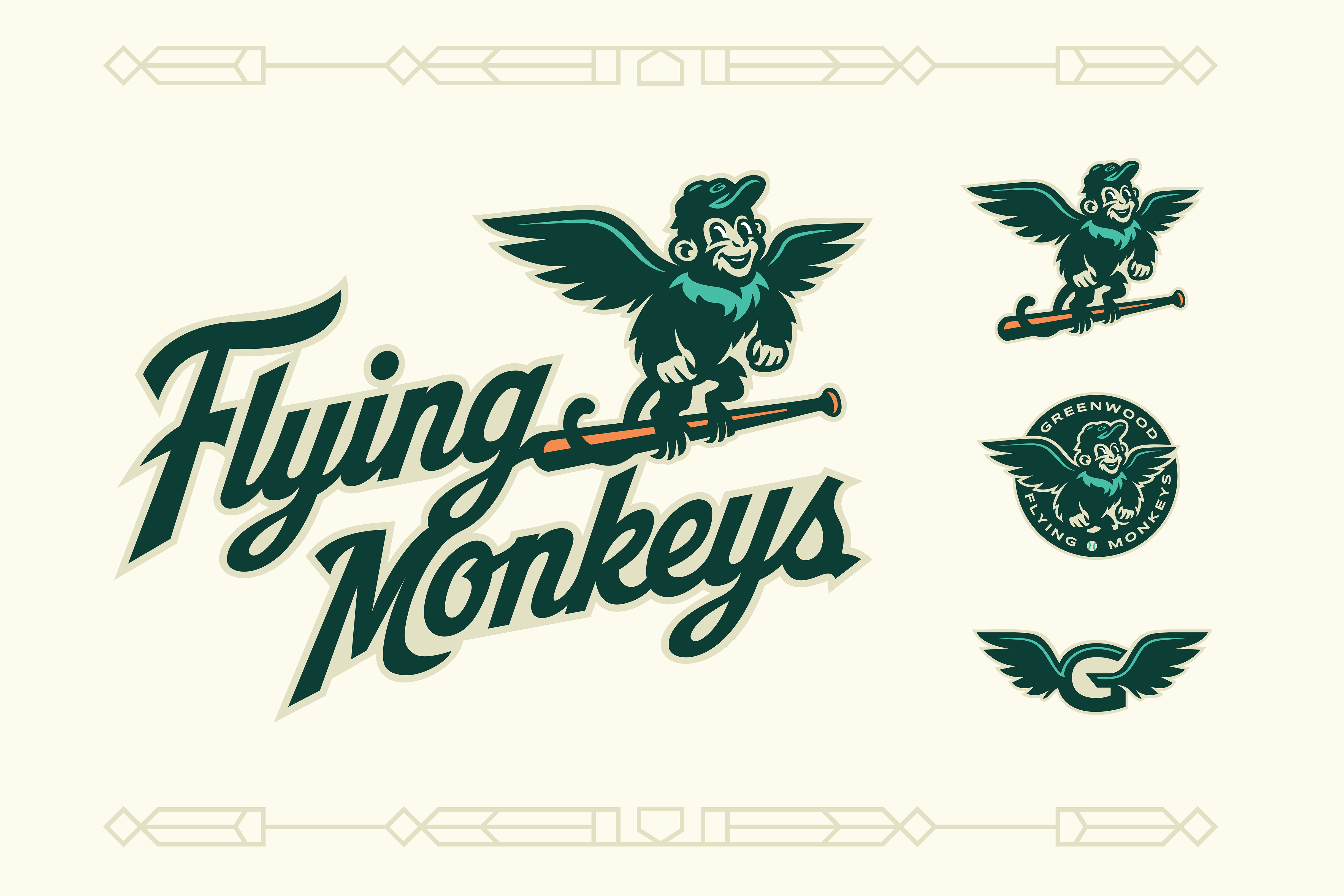 Flying Monkeys logo featuring a cartoon monkey with wings and a cap holding a baseball bat, with variations including a circular badge and a winged 'G' emblem.