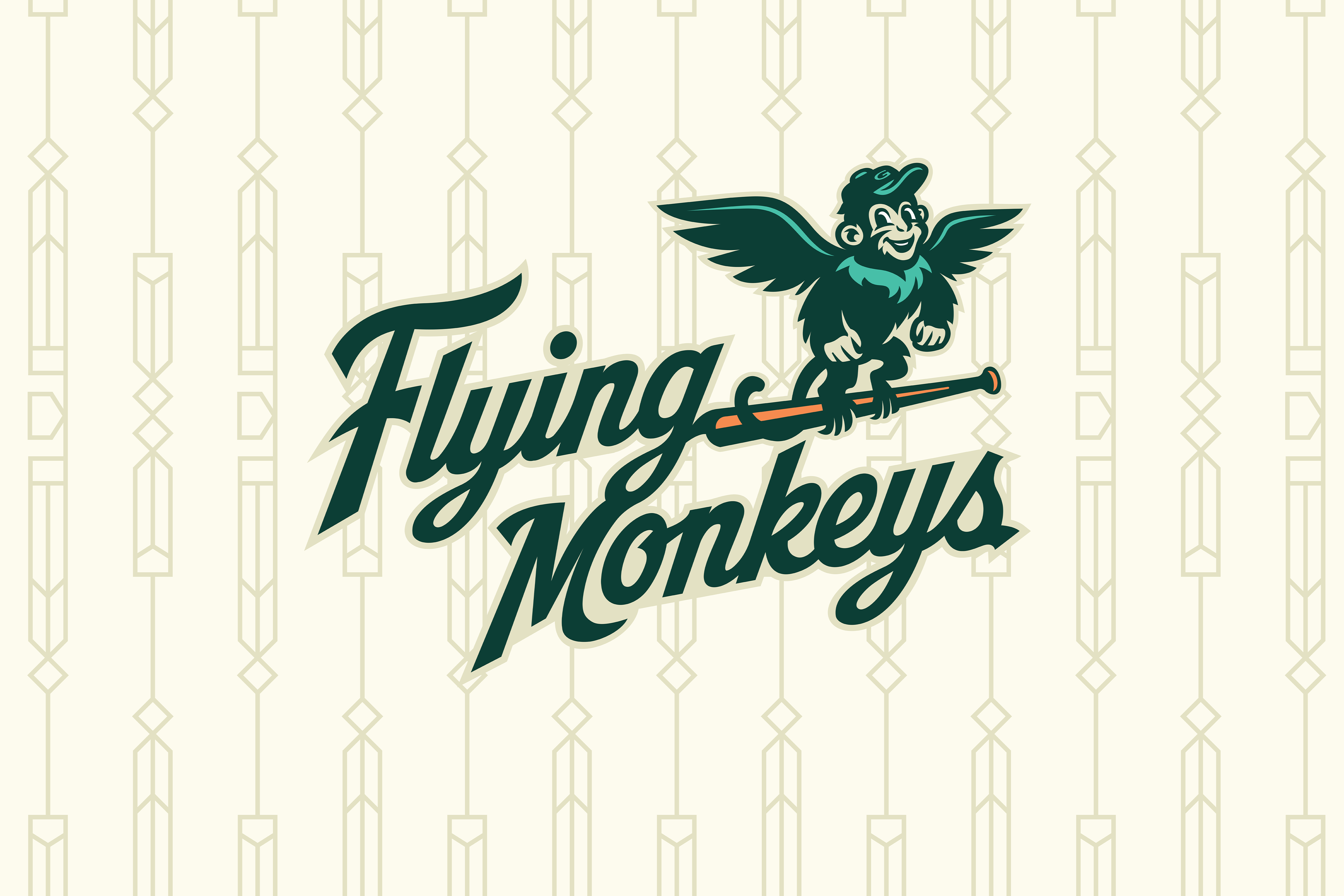 Logo with a winged monkey wearing a hat perched on a baseball bat with the text Flying Monkeys.