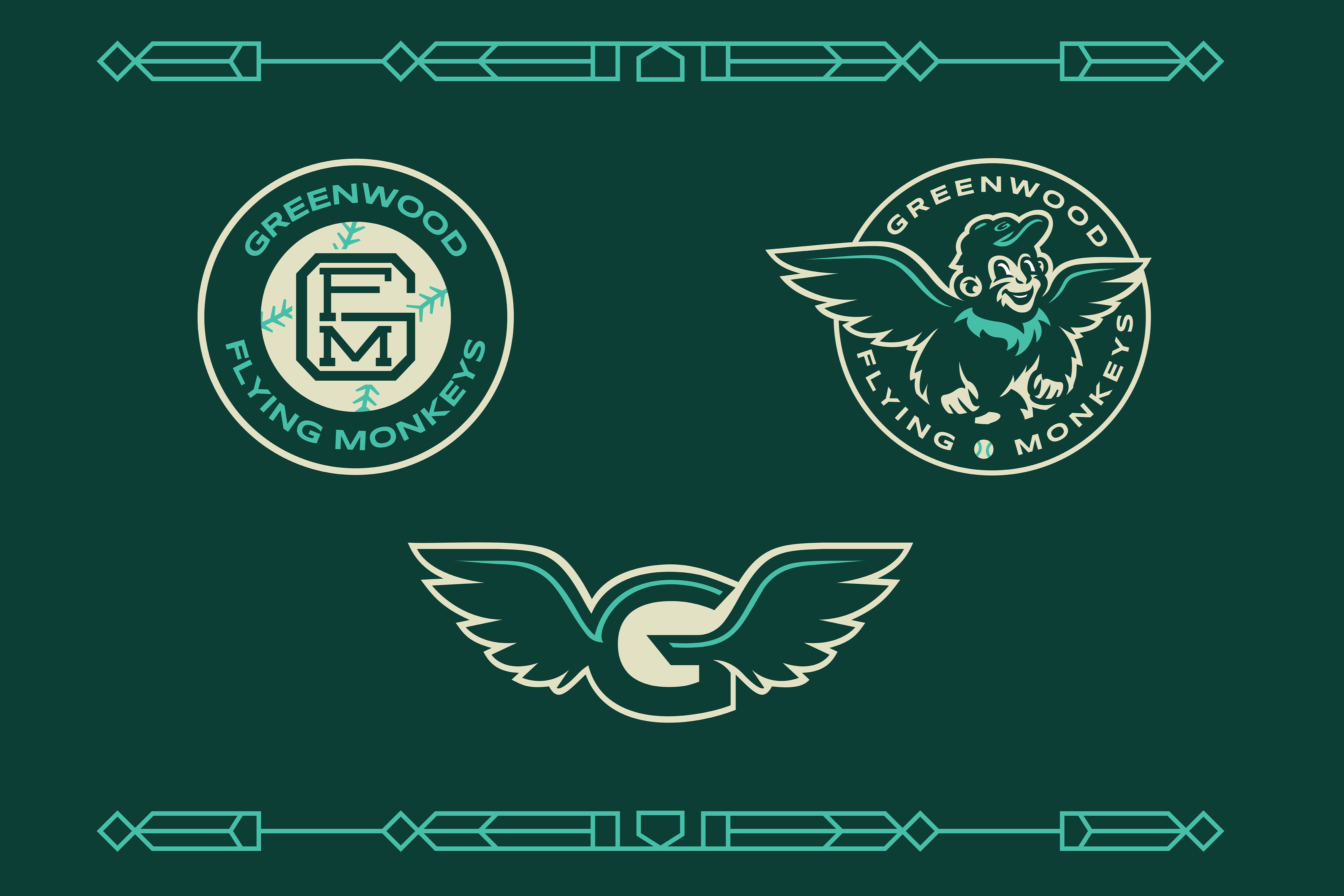 Three Greenwood Flying Monkeys logos: one circular with letters GM and snowflake, another circular with a winged monkey wearing a cap, and a stylized G with wings in the center.
