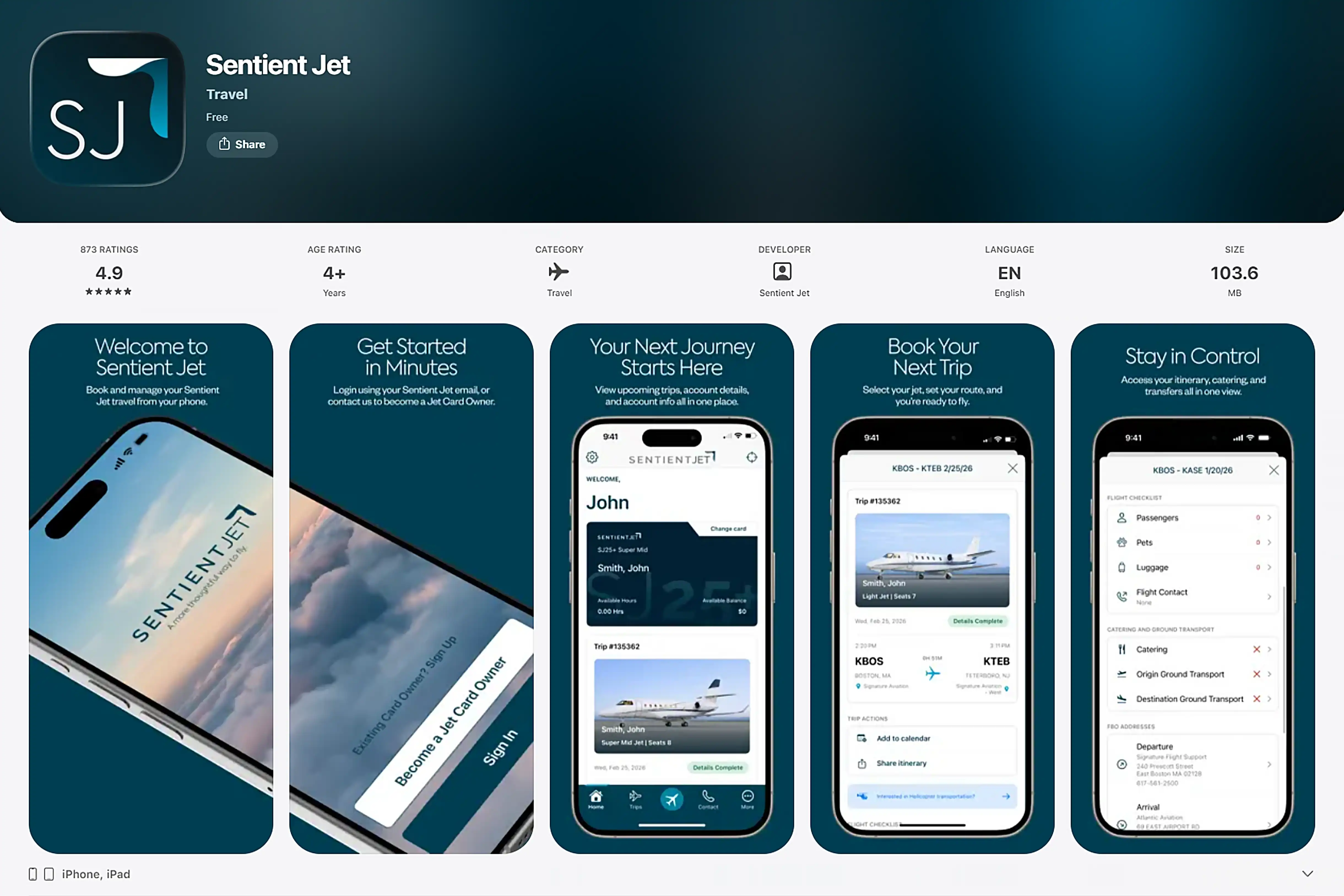 Sentient Jet app screenshots show booking, account, trip details, itinerary, and control features for travel.