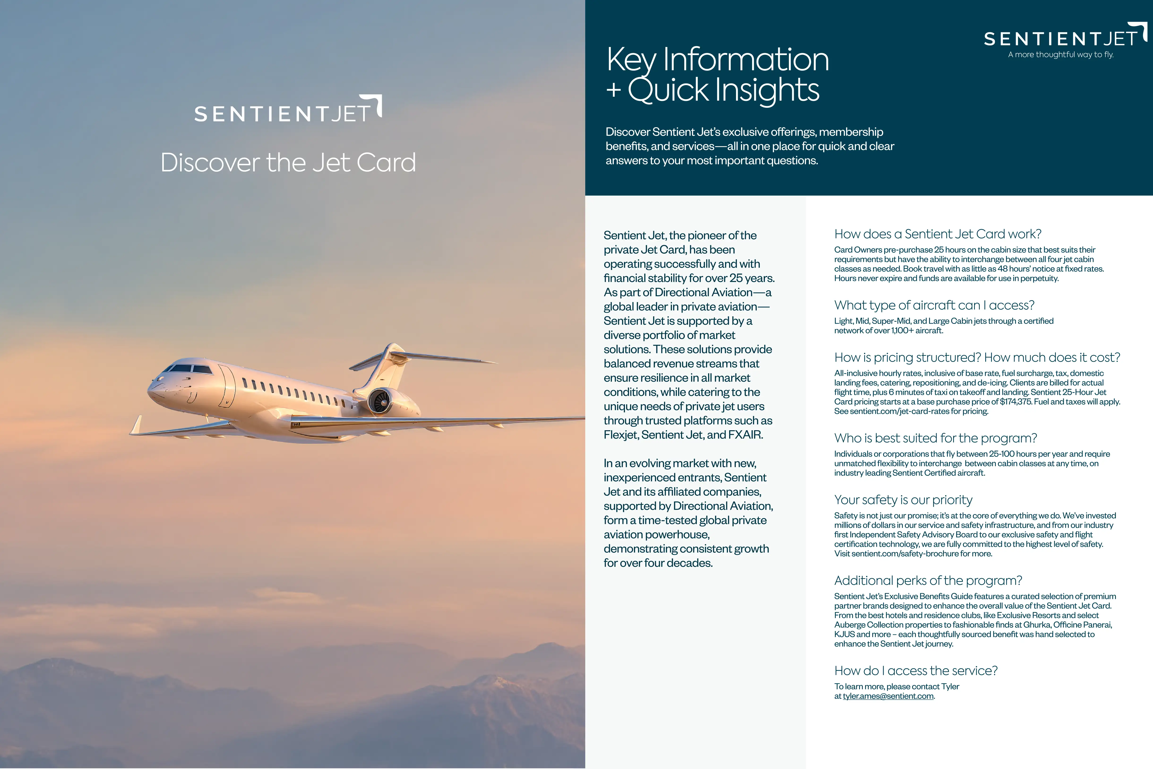 Private jet flying over mountains with Sentient Jet info and text about Jet Card and program benefits.