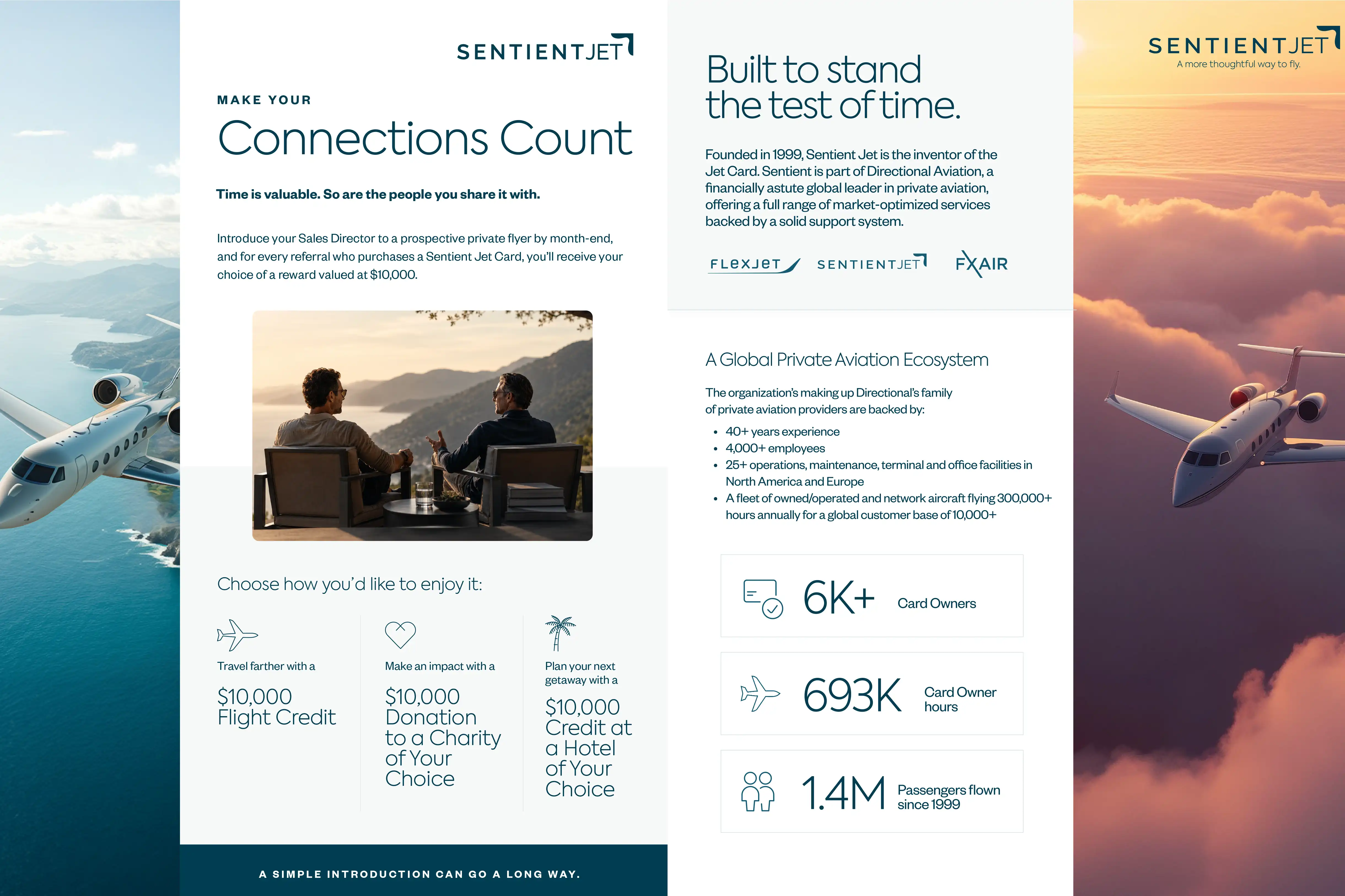 Sentient Jet private jet flying over water and clouds, promotional text about referrals and rewards.