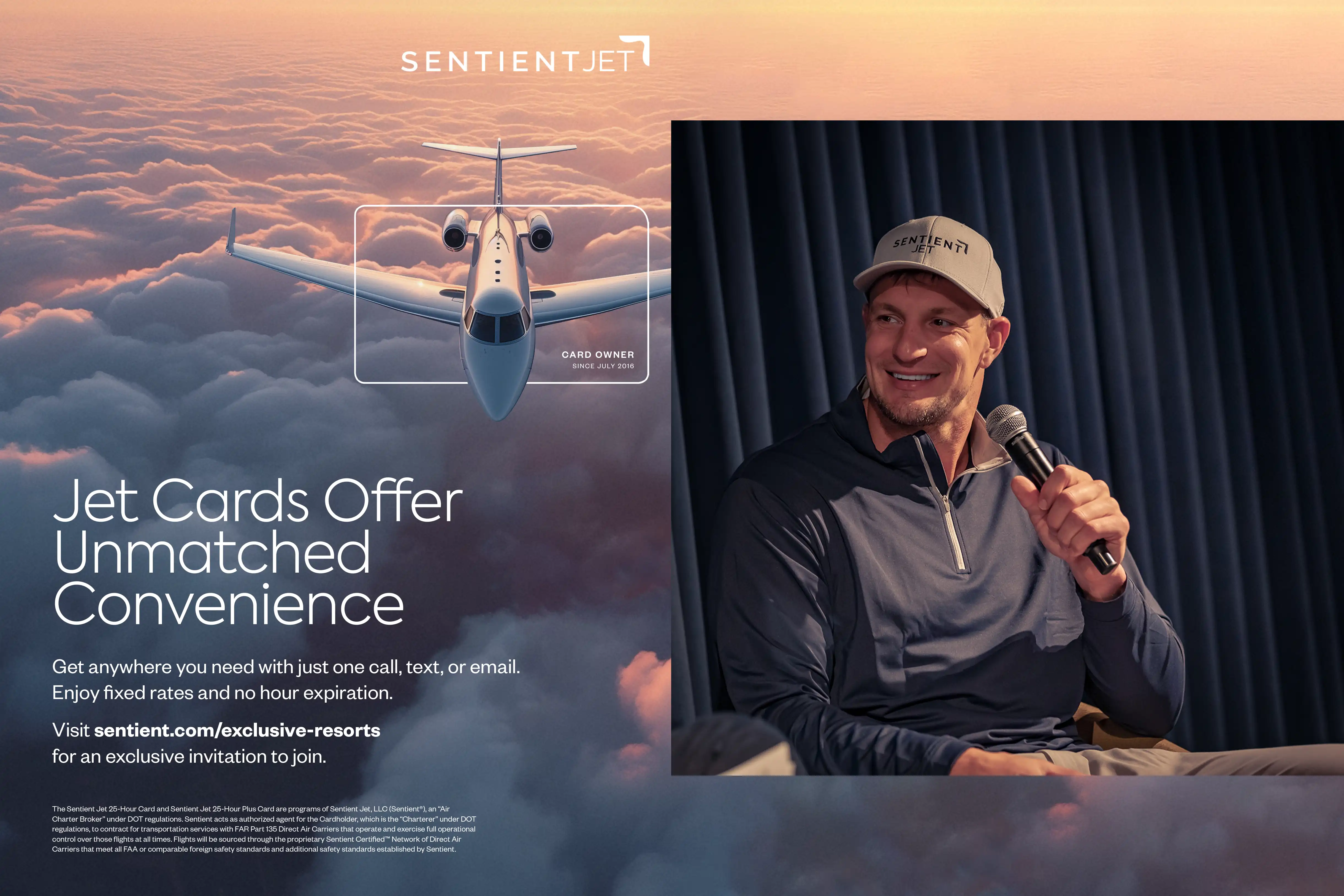 Man wearing Sentient Jet cap holding microphone beside text about jet cards and private plane above clouds.