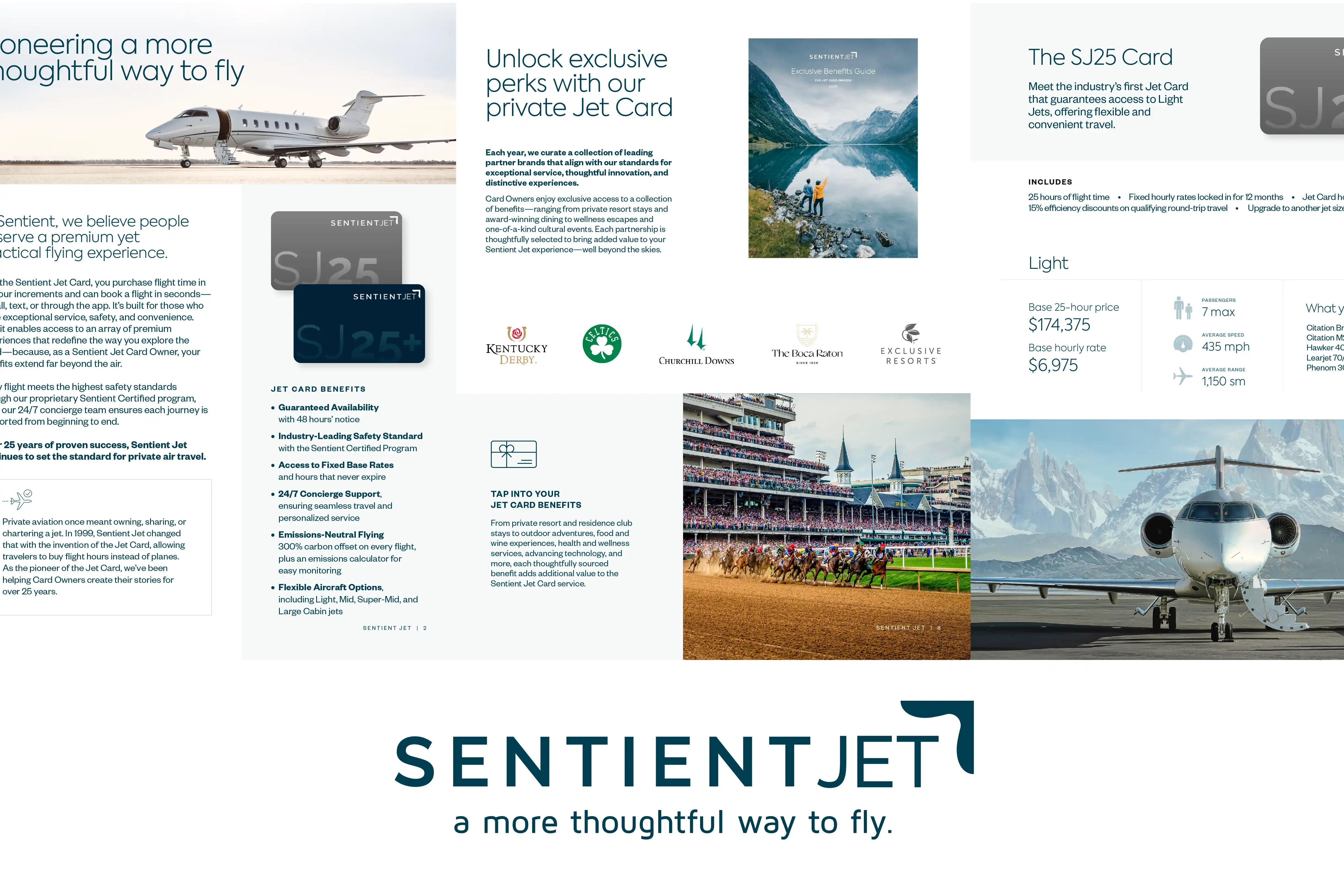 Sentient Jet brochure with jet images, card benefits, partner logos, pricing, and tagline about thoughtful flying.