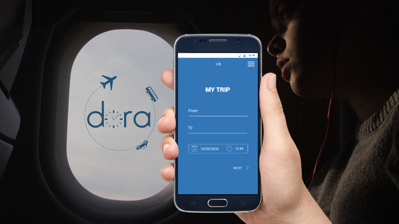 Fotomontage im Hintergrund eine Frau die im Flugzeug aus dem Fenster schaut, auf dem Fenster ist das Projeklogo von dora zu sehen in dunkelblau. Im Vordergrund eine Hand, die ein Handy  hält, wo die dora App zu sehen ist. Reiseeintragungsseiite