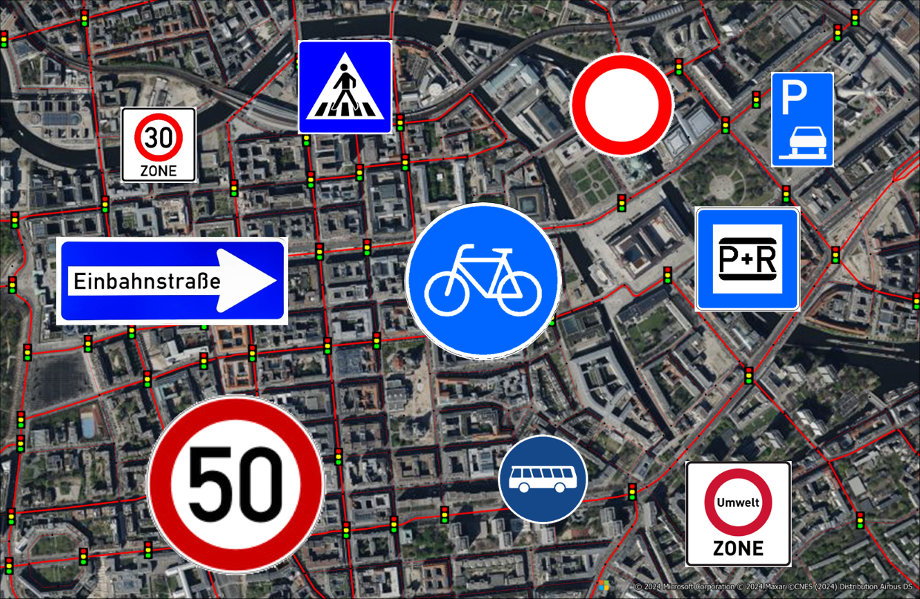Verkehrsschilder große Darstellung auf Stadtkarte als sinnbild für Digitale Straßennetze