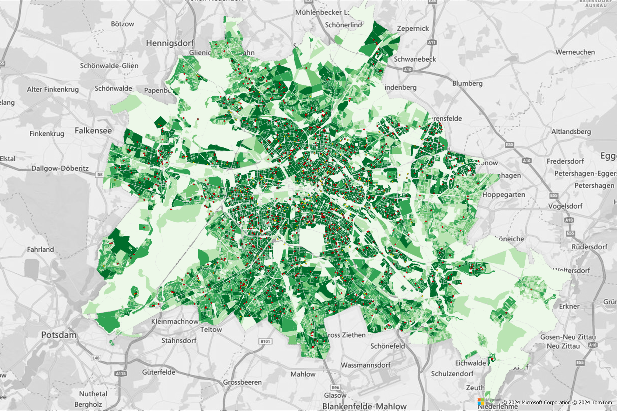 Visualisierung von Standortdaten und Strukturdaten in Grün auf dem Berliner Straßennetz