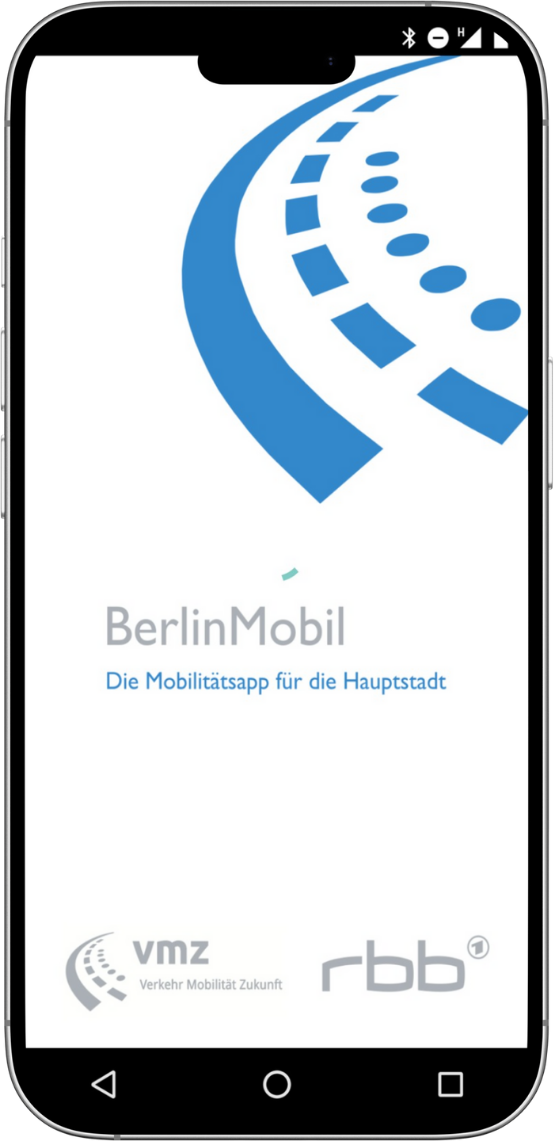 BerlinMobil App Startbildschrim blaues Logo auf weißem Hintergrund