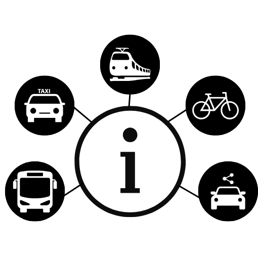 Icon sinnbildlich für Infromationsknotenpunkt mit Verkehrsmitteln wie Fahrrad, Zug, Auto verbunden mit dem Infopunkt
