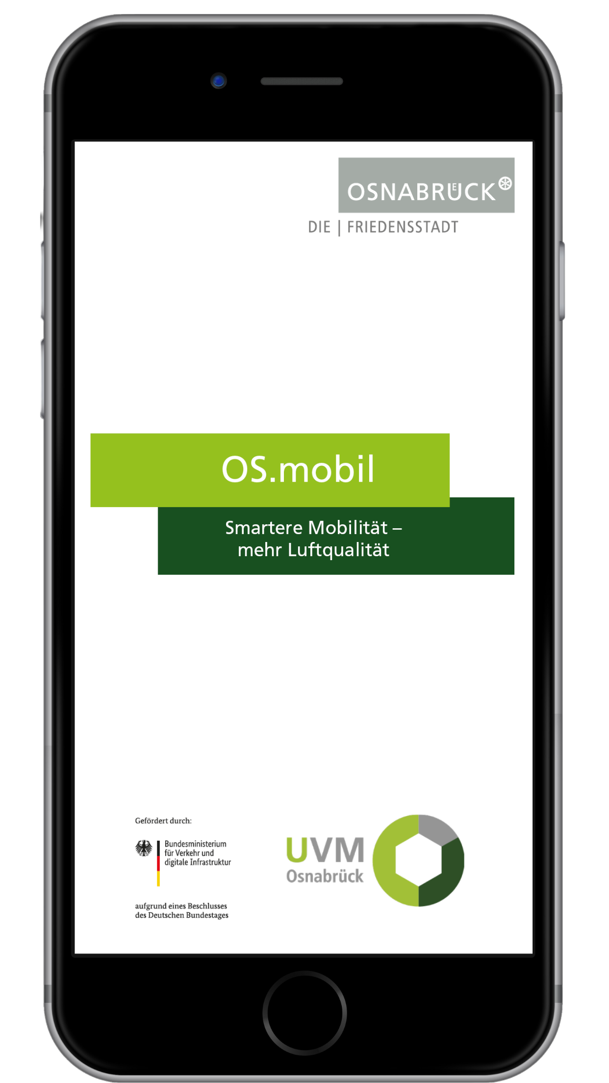 Startbildschirm der OS.Mobil mit Logos von UVM, der Stadt Osnabrück und dem Bundesministerium für Verkehr und Digitales