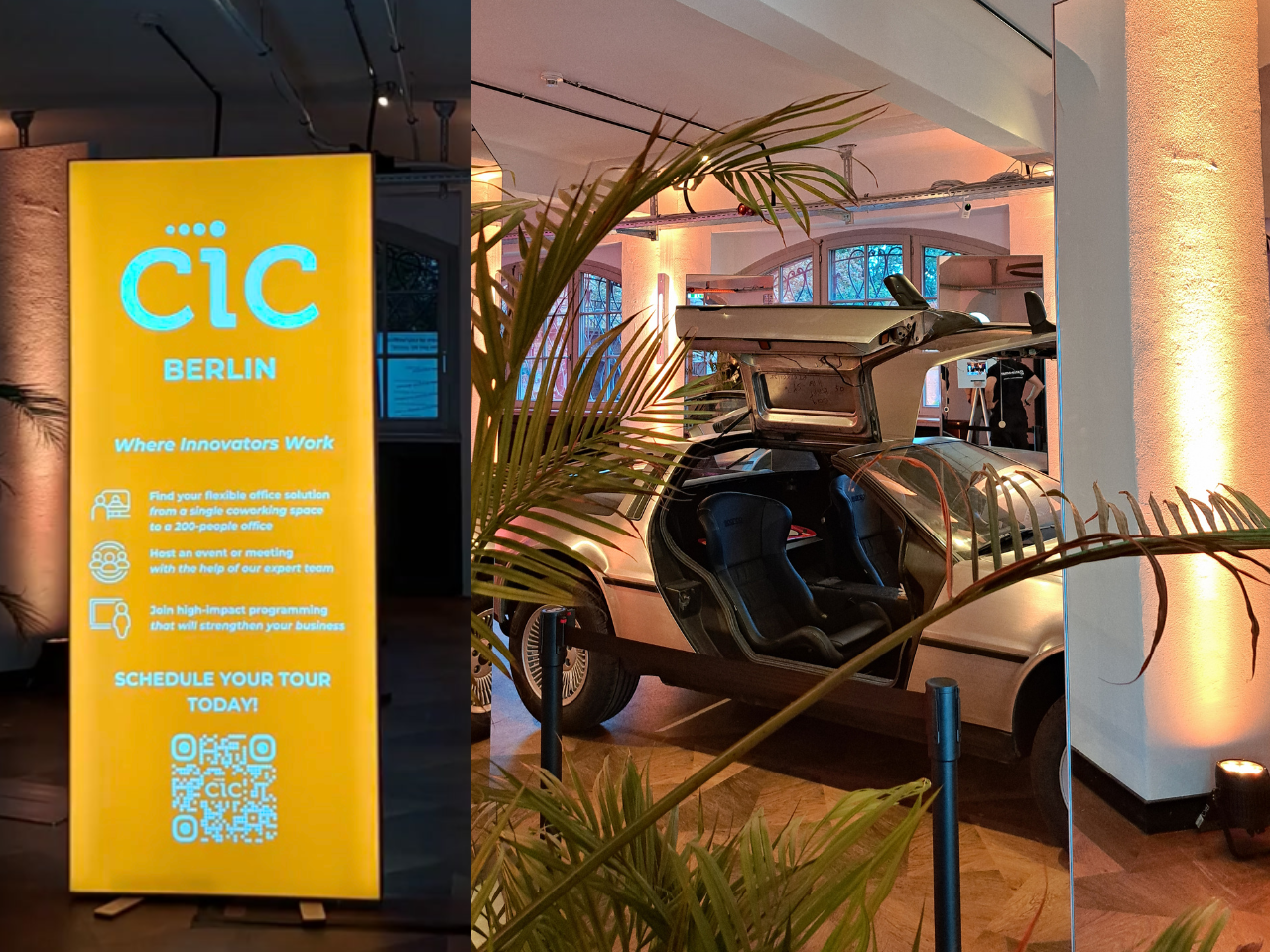 Kollage aus 2 Bildern des CIC Berlin mit Stele und Auto sinnbildlich