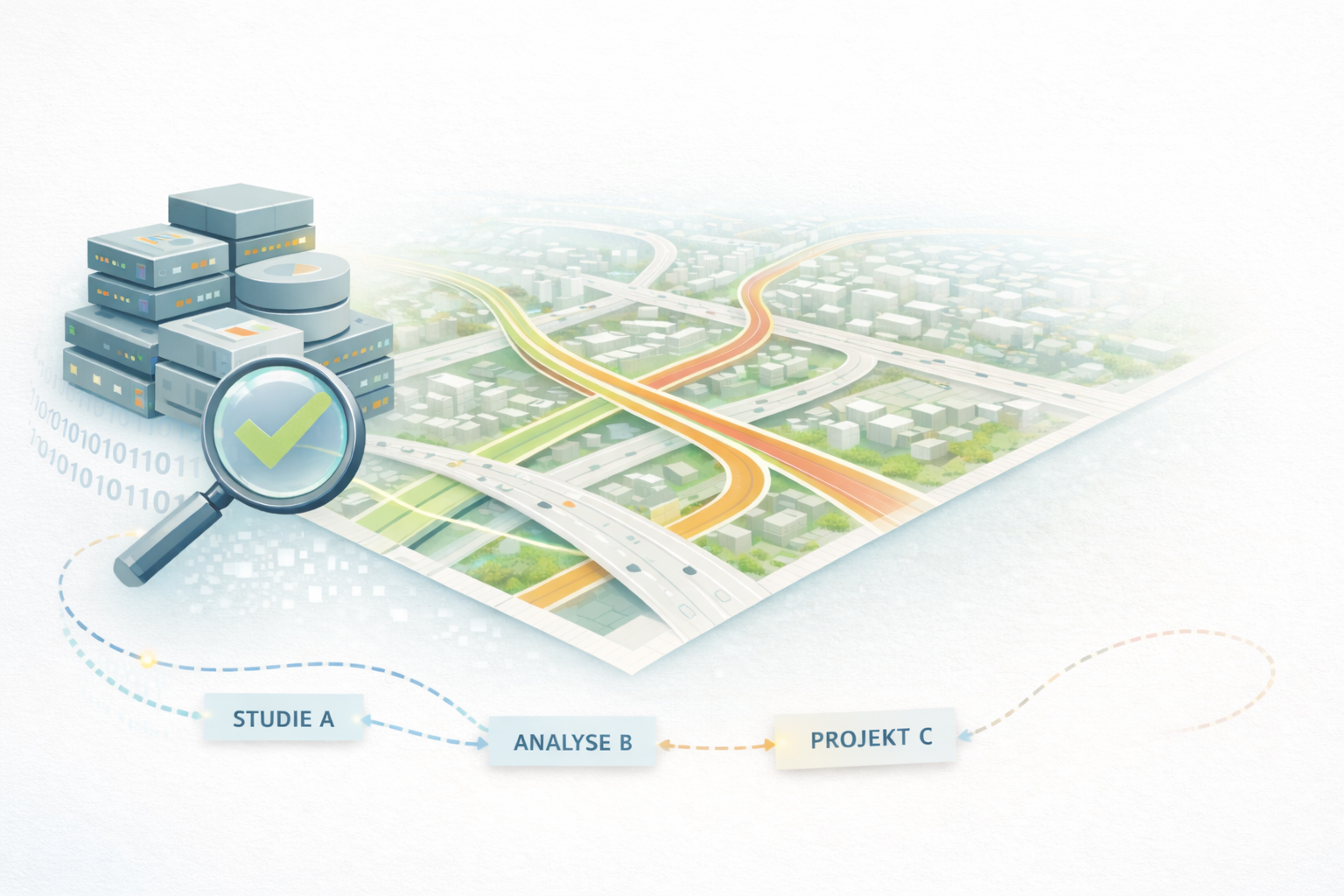 Sinnbildlich für Analyse, eine Lupe  auf Datenspeicher gerichtet daneben eine Verkehrskarte sinnbildlich für Modellierung