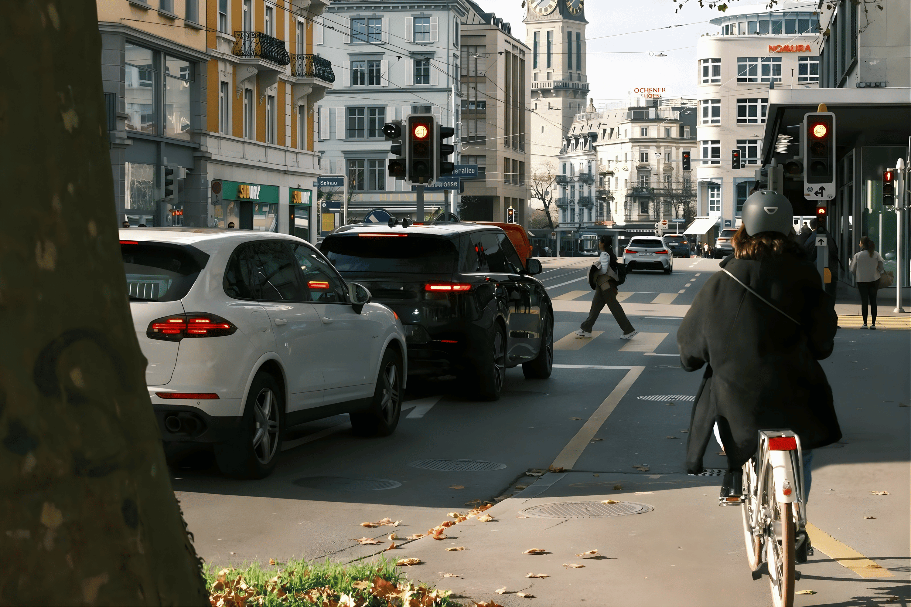 Typische Stadtszene aus Perspektive eines Fußgängers. Man sieht eine Straße, wo links und rechts Geschäfte zu sehen sind, in der Mitte eine Straße wo Autos vor einer roten Ampel warten. Ein Fußgänger überquert die Straße über einen Zebrastreifen. Auf der rechten Seite wartet eine Fahrradfahrerin.
