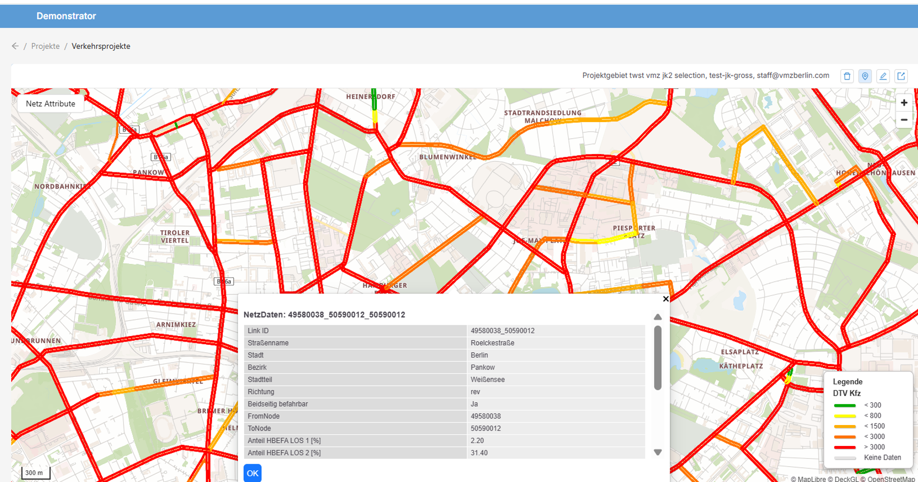 Screenshot aus dem MAUS Projekt, Modellierung von Verkehrsszenarien mit Anzeige der Auswirkungen, hier  KfZ Verteilung auf den Straßen in rot gekennzeichnete Bereiche Überlastung, in gelb grenzwertig und in grün okay.