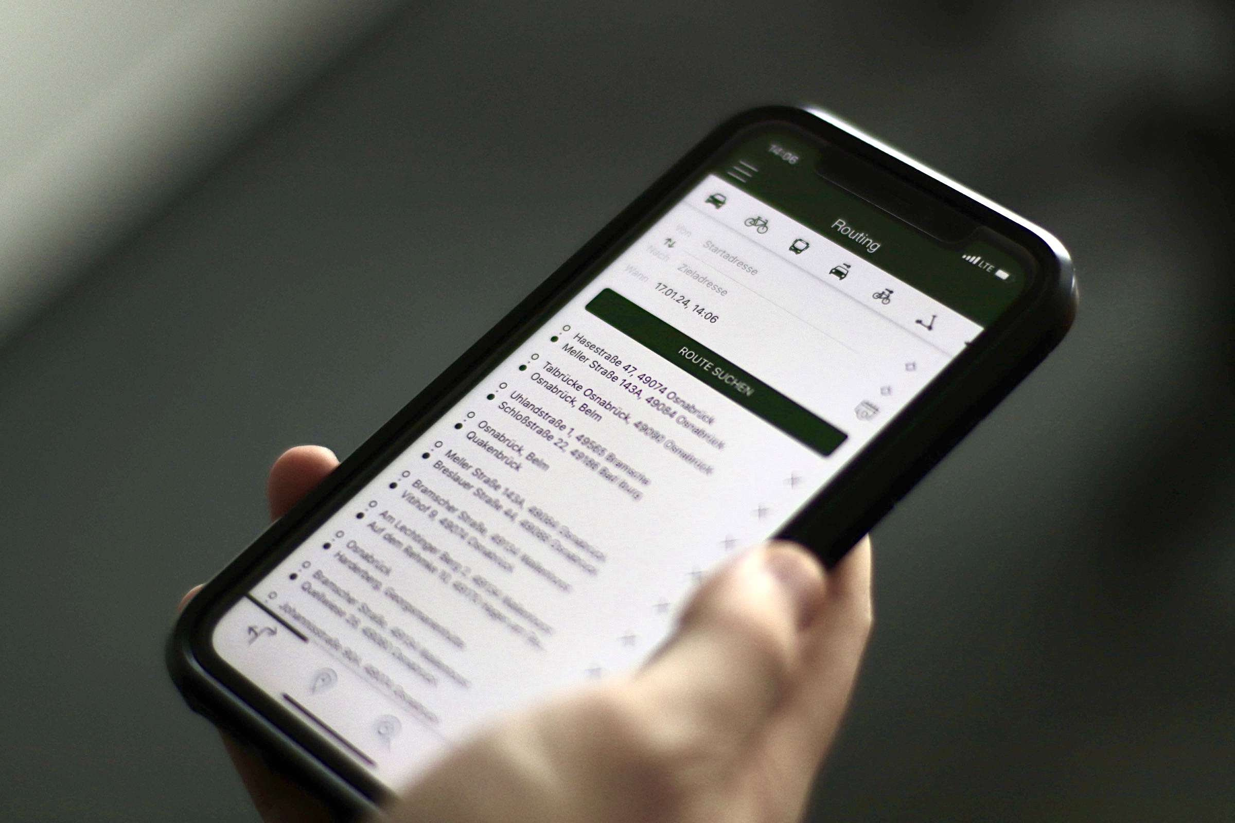 Routenauswahl der OS.mobil App