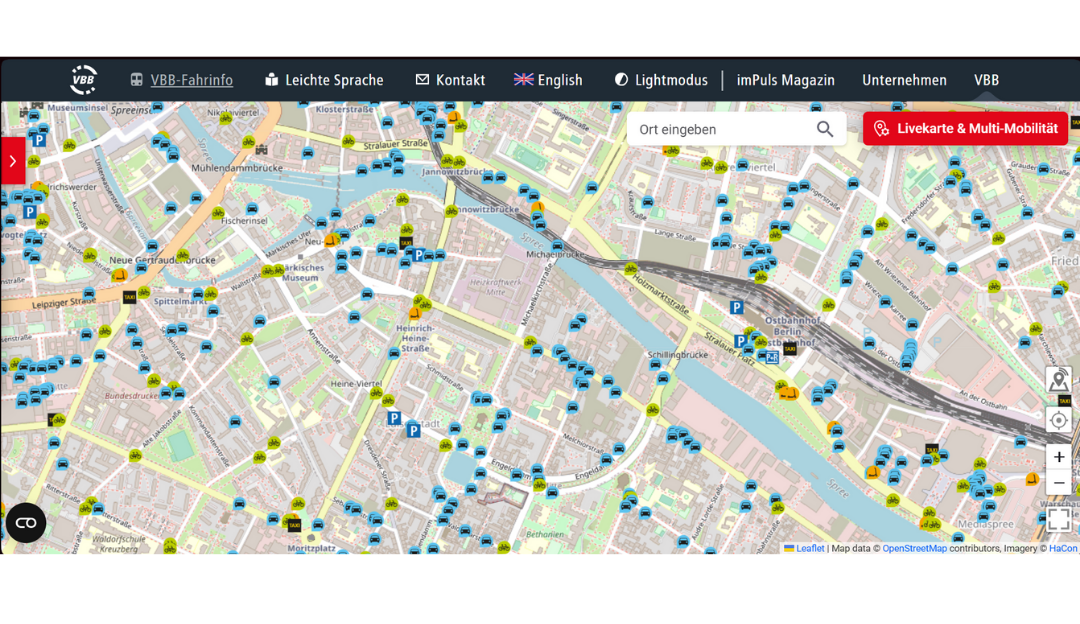 VBB Live Karte 2026, Anzeige der Mobilitätsangebote wie Carsharing  sowie Parkplätze
