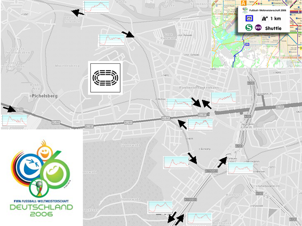 WM 2006 Karte mit Verkehrsmodellierung der VMZ. Pfeile auf wichtige Verkehrsknotenpunkte sowie der Überwachung der Verkehrsauslastung.