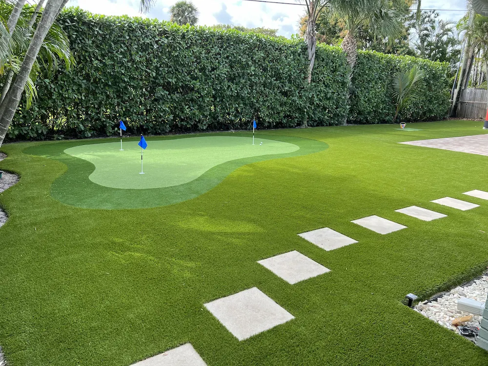 a grassy backyard with a walkway