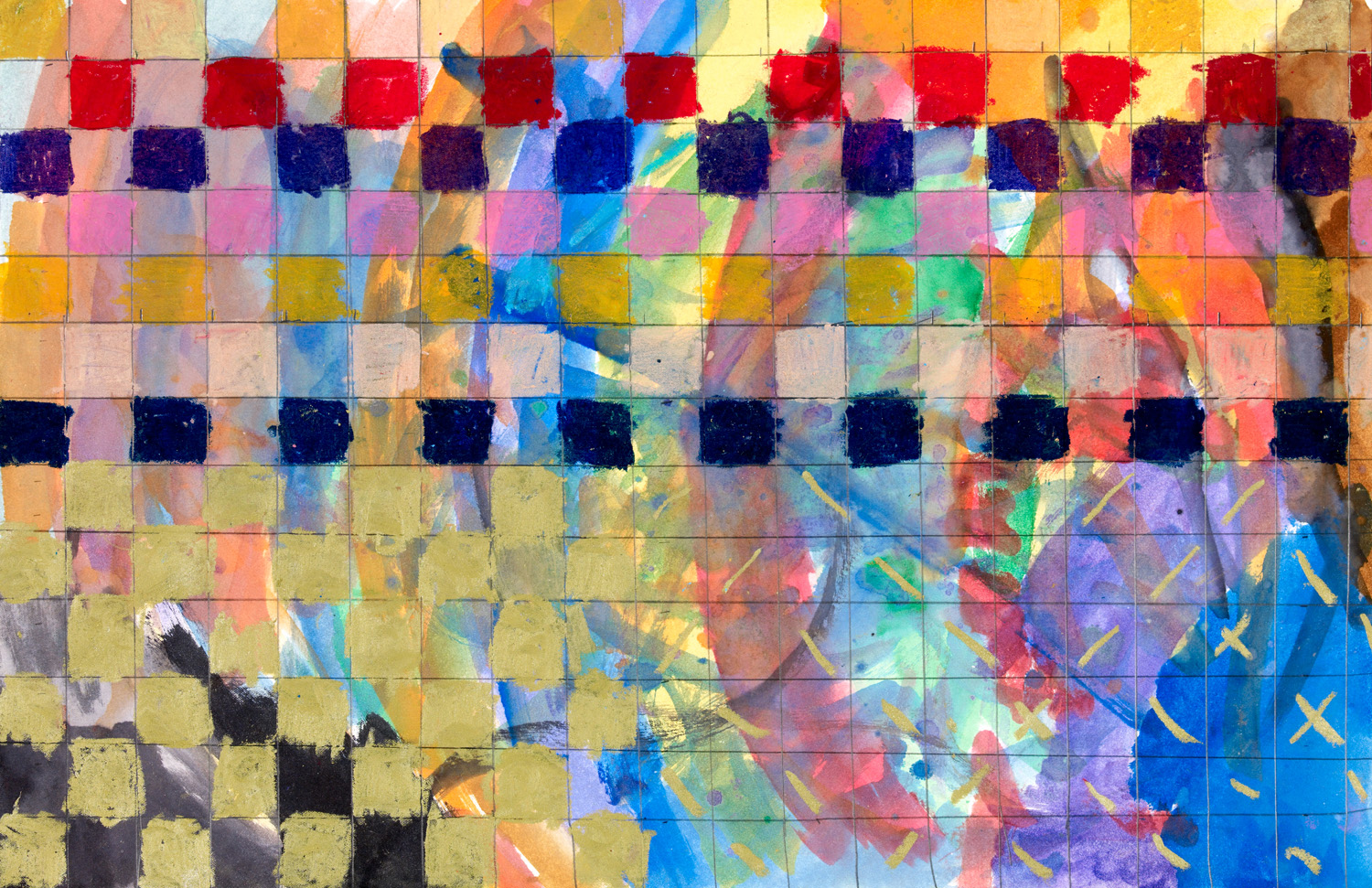 An abstract painting with squares and squares of different colors