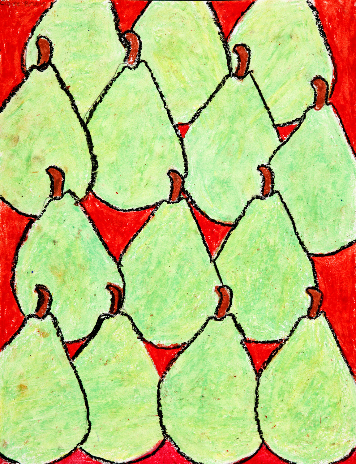 A painting of green pears on a red background