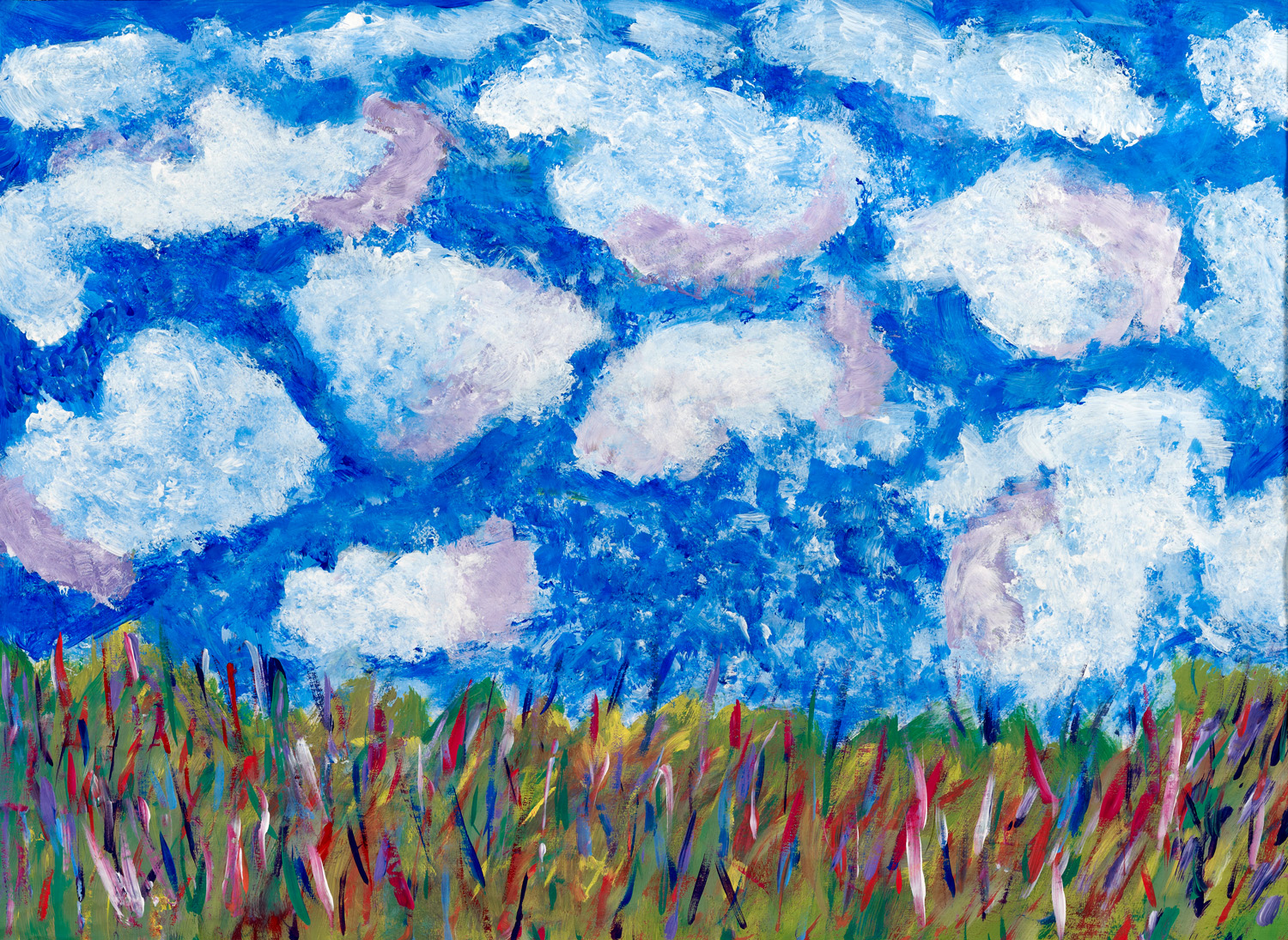 A painting of a blue sky with white clouds